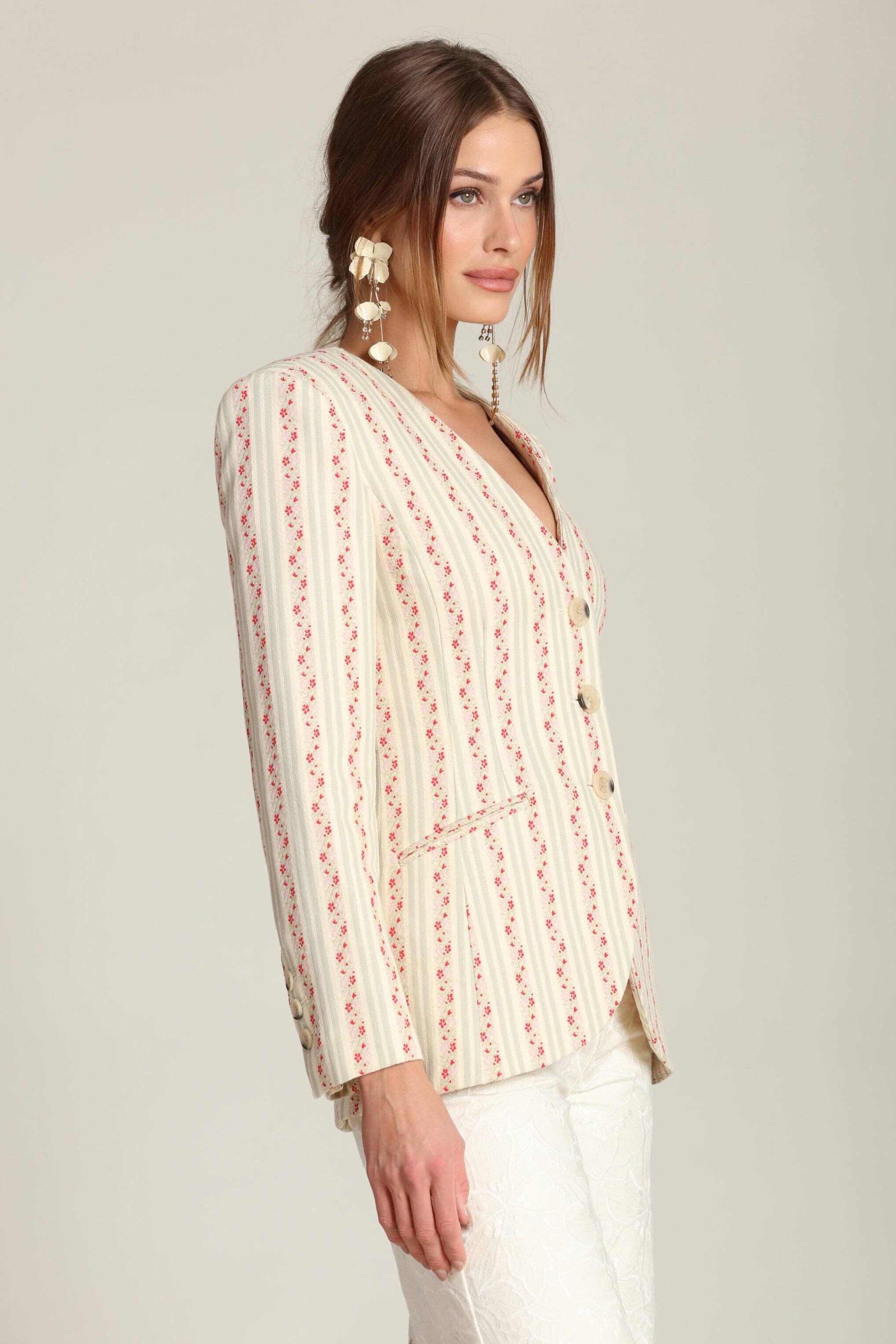 Avec Les Filles Floral Stripe Linen Blend Blazer