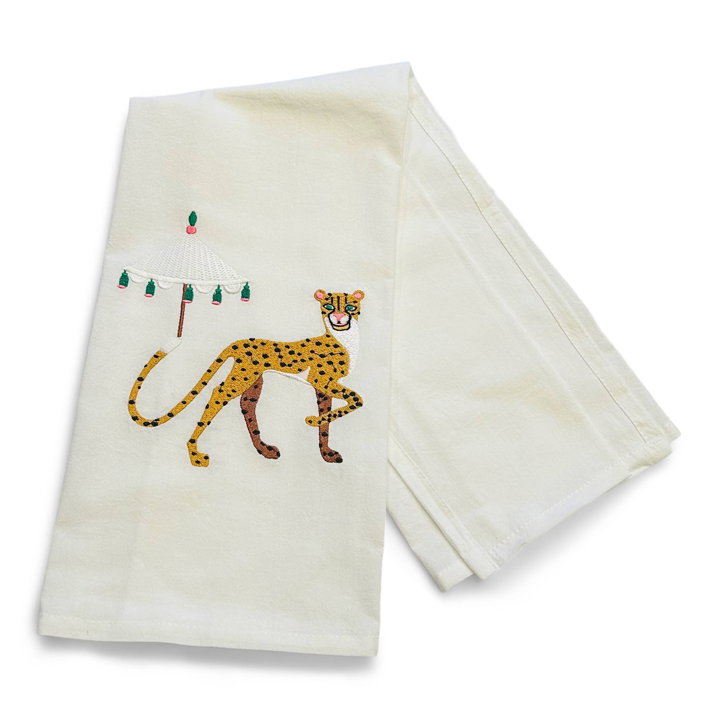 Vibrantly Blue Tea Towel - Cheetah with Parasol