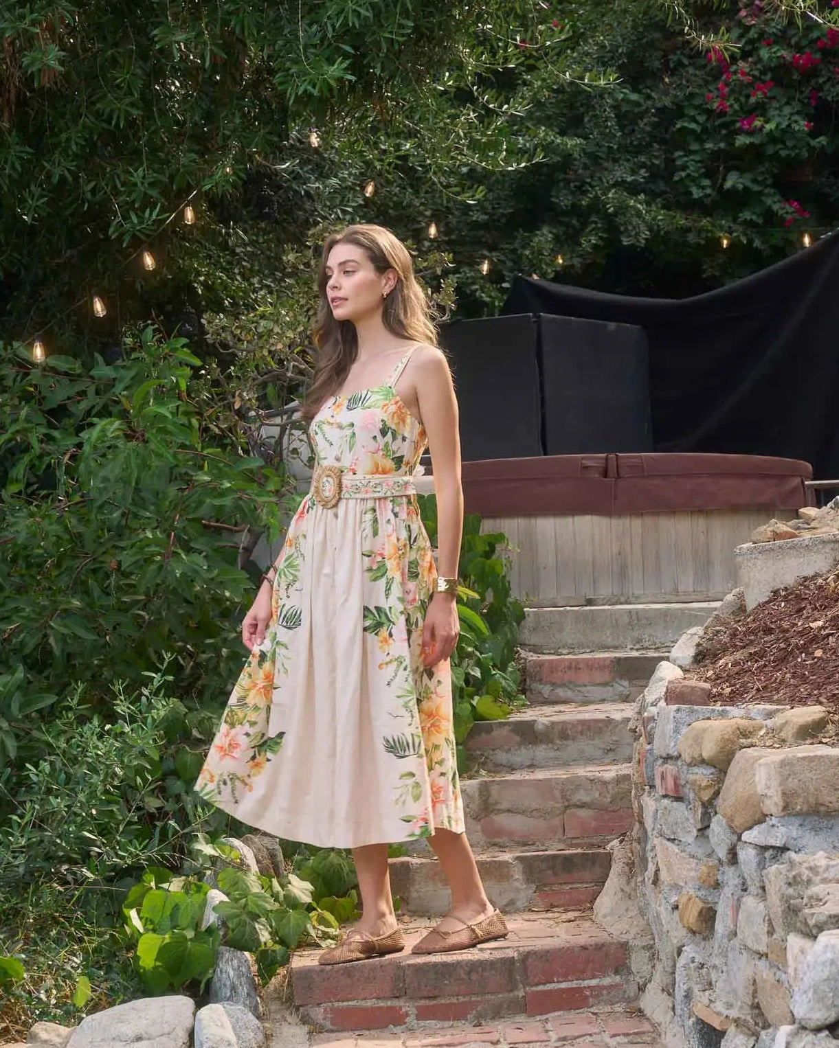 Moon River Sleeveless Square Neck Floral Print Dress with Belt Detail MR9697