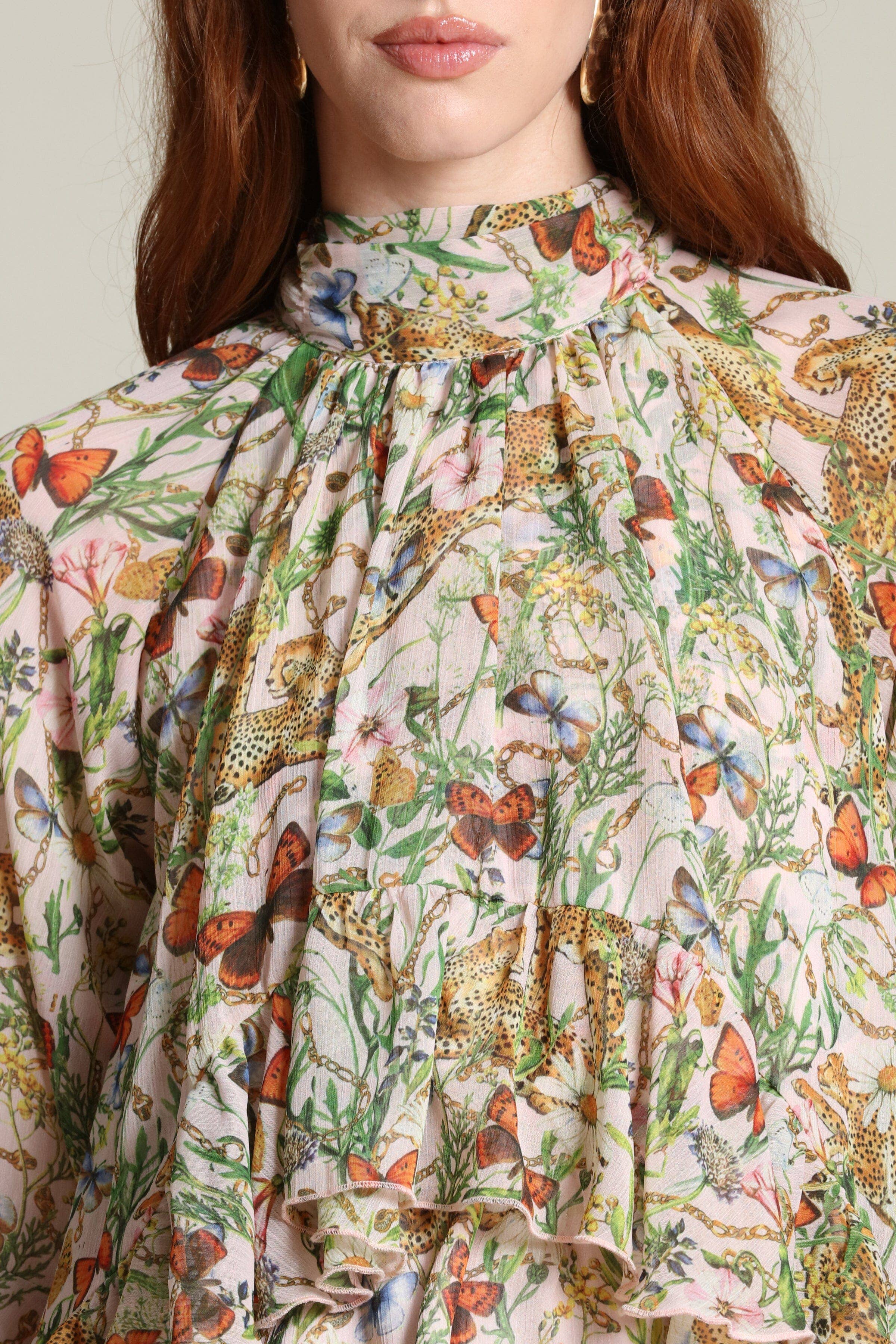 Avec Les Filles Botanical Print Chiffon Ruffle Blouse