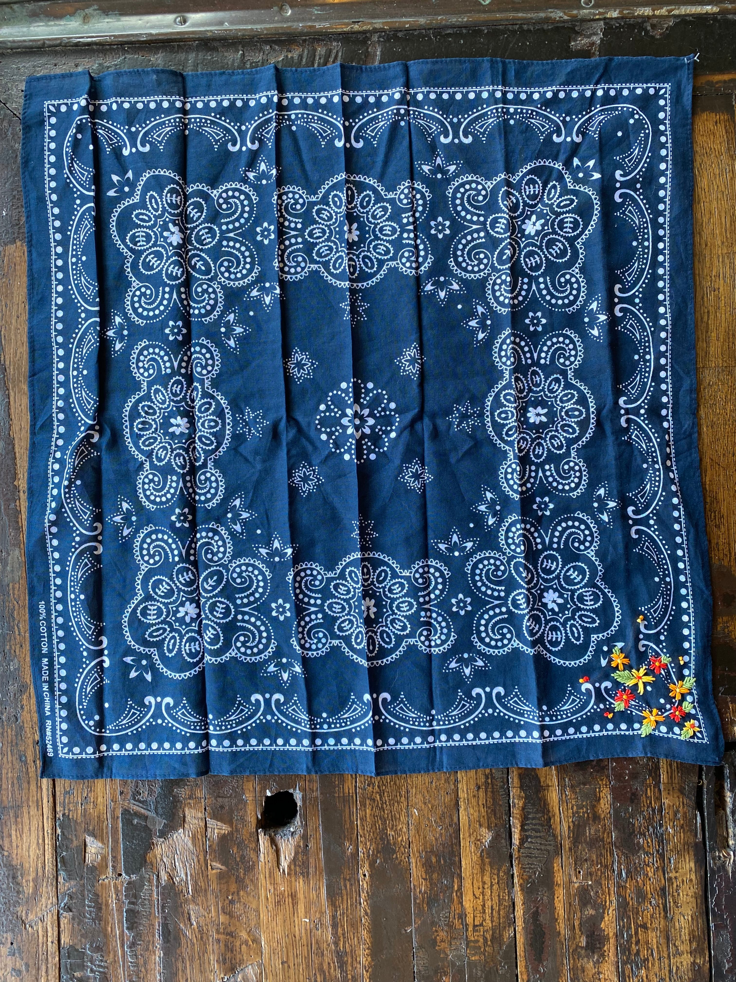 Little Lamb Embroidered Navy Bandana With Bright Flowers