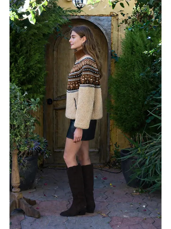Moon River Fair Isle Sherpa Knit Contrast Jacket MS1092