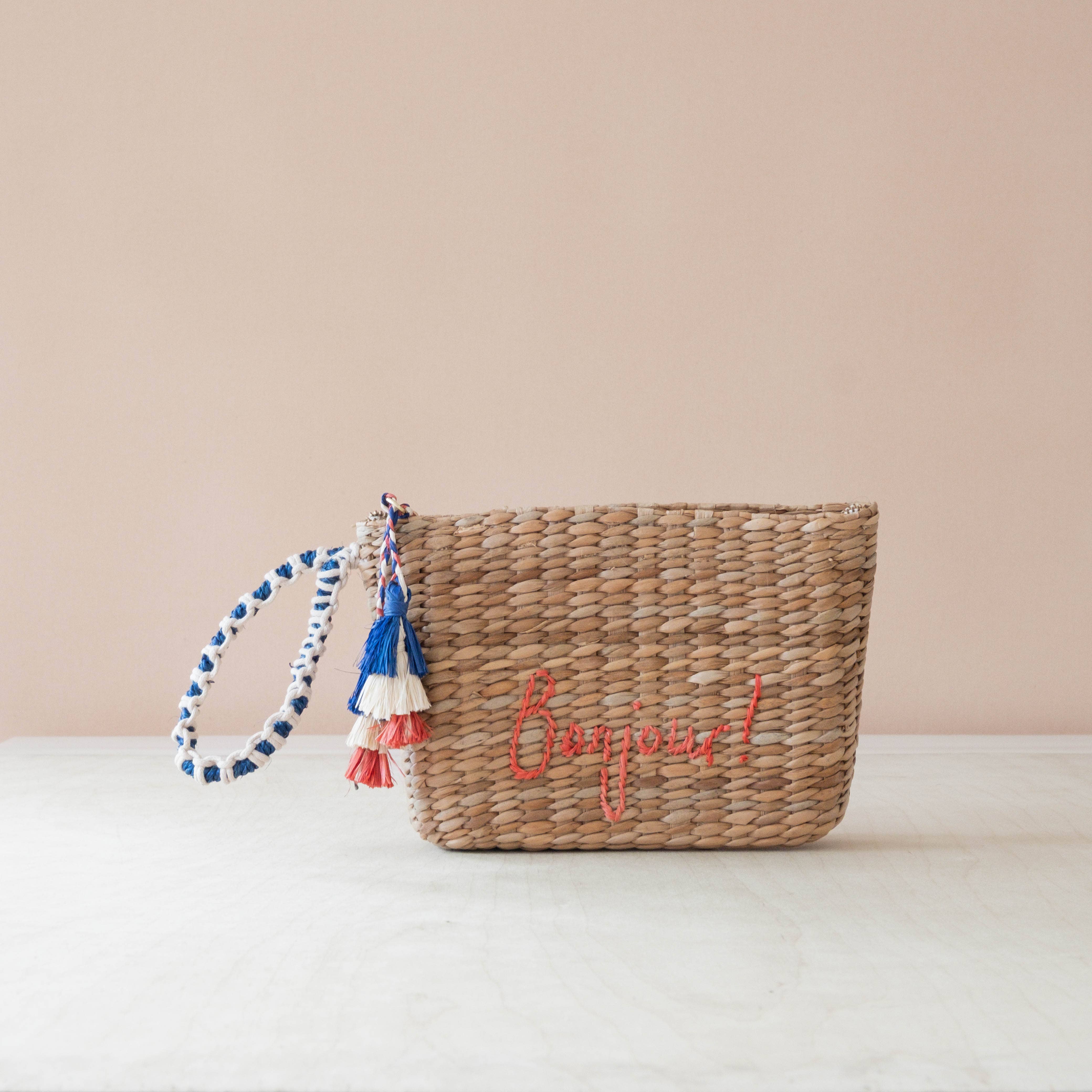 Mini Woven Pouch with Wristlet and Embroidered Bonjour – Handwoven Wristlet | LIKHÂ