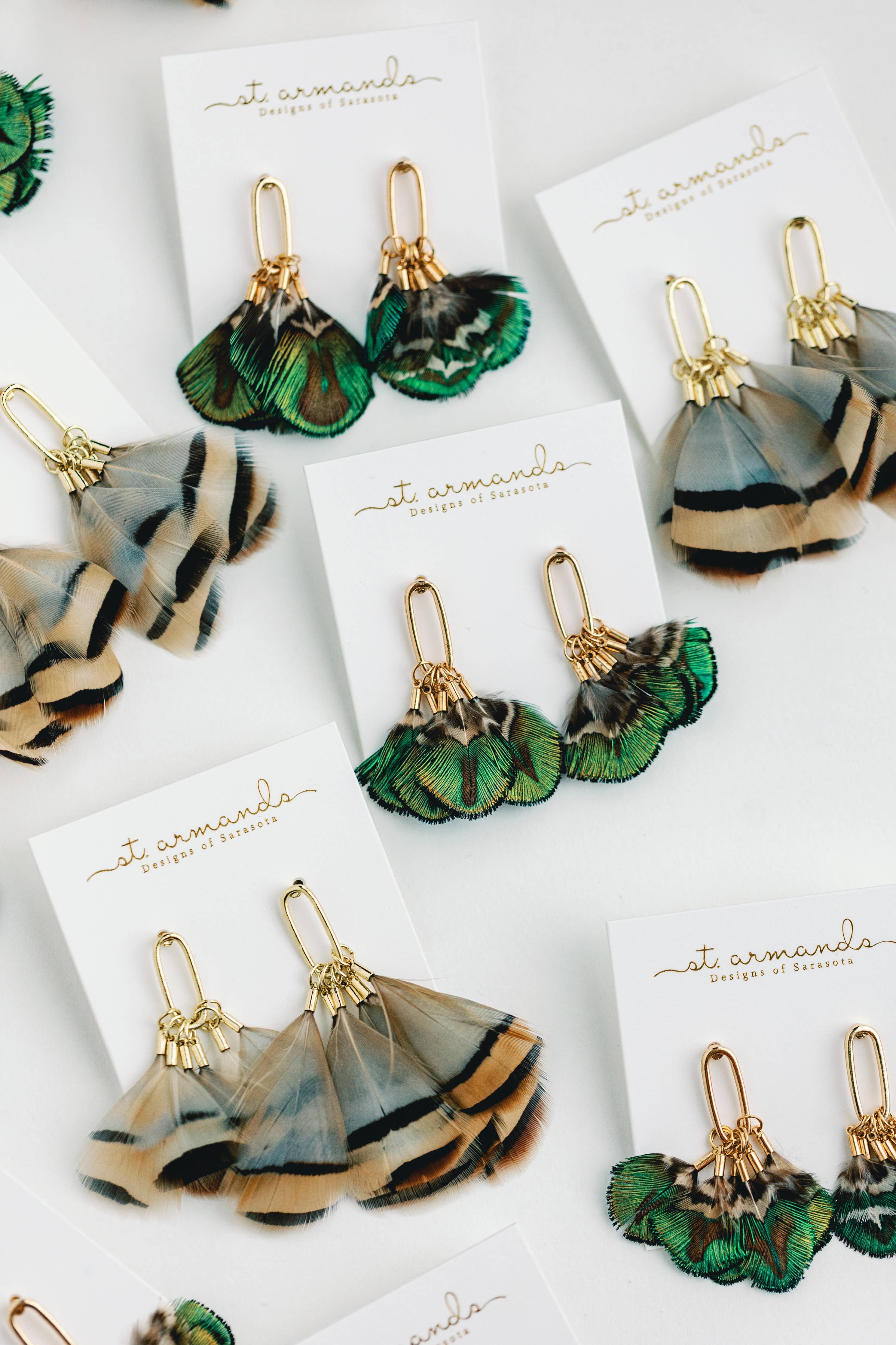 St. Armands Designs of Sarasota Brown Striped Fall Feather Statement Tassel Earrings SAD209