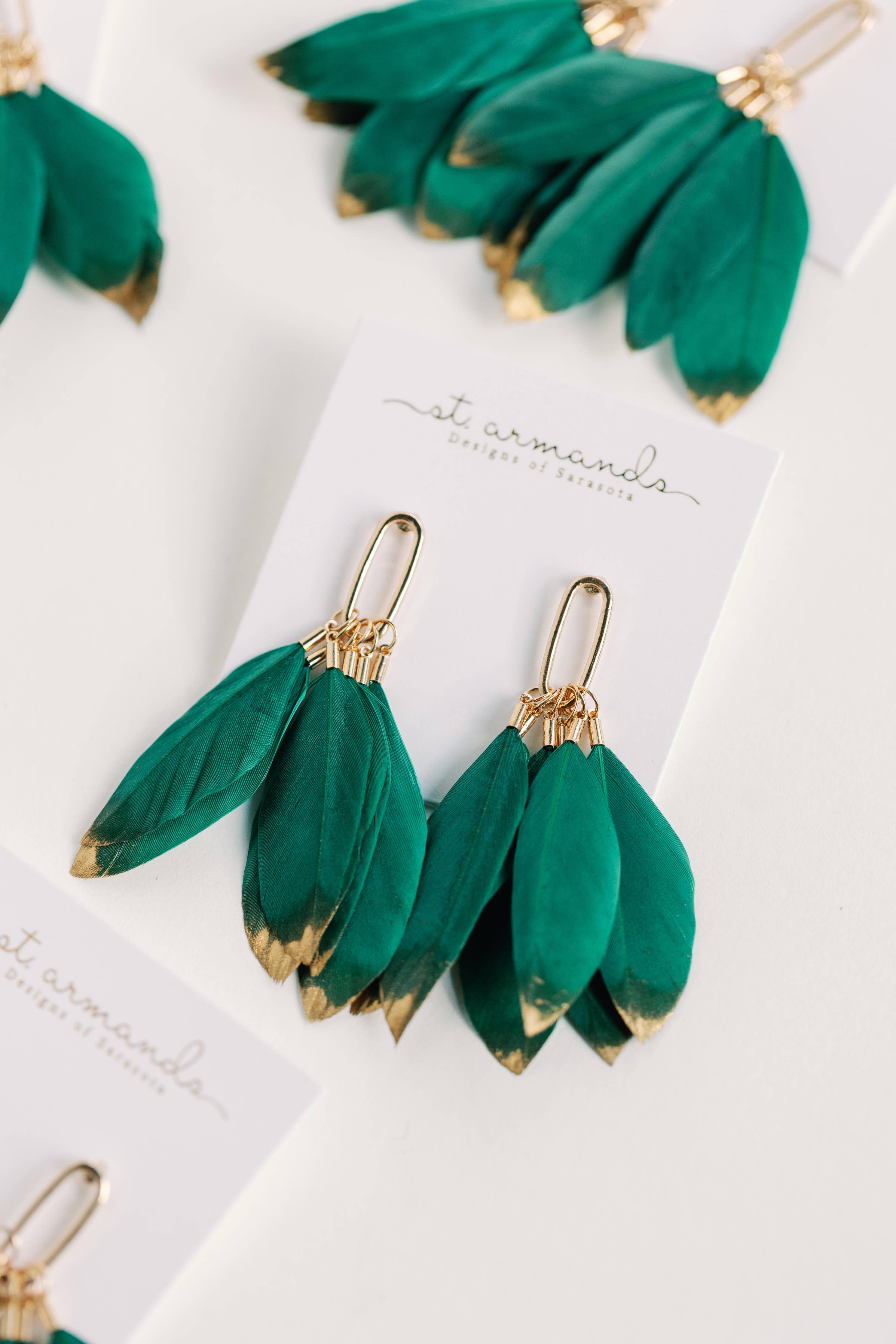 St. Armands Designs of Sarasota Emerald Gold Dipped Feather Tassel Statement Earrings SAD228