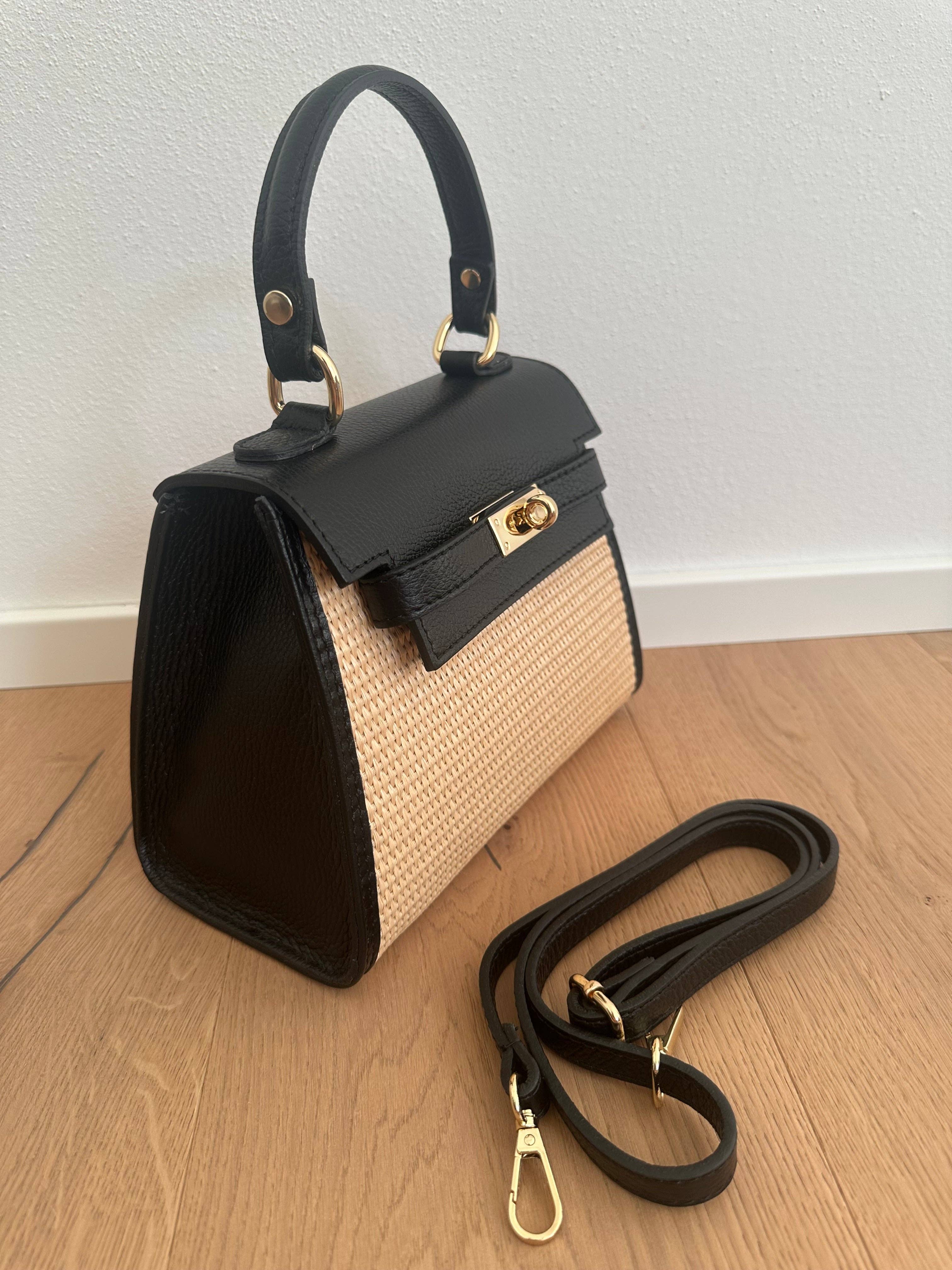 Italian Leather Collection Raffia + Leather Top Handle Bag