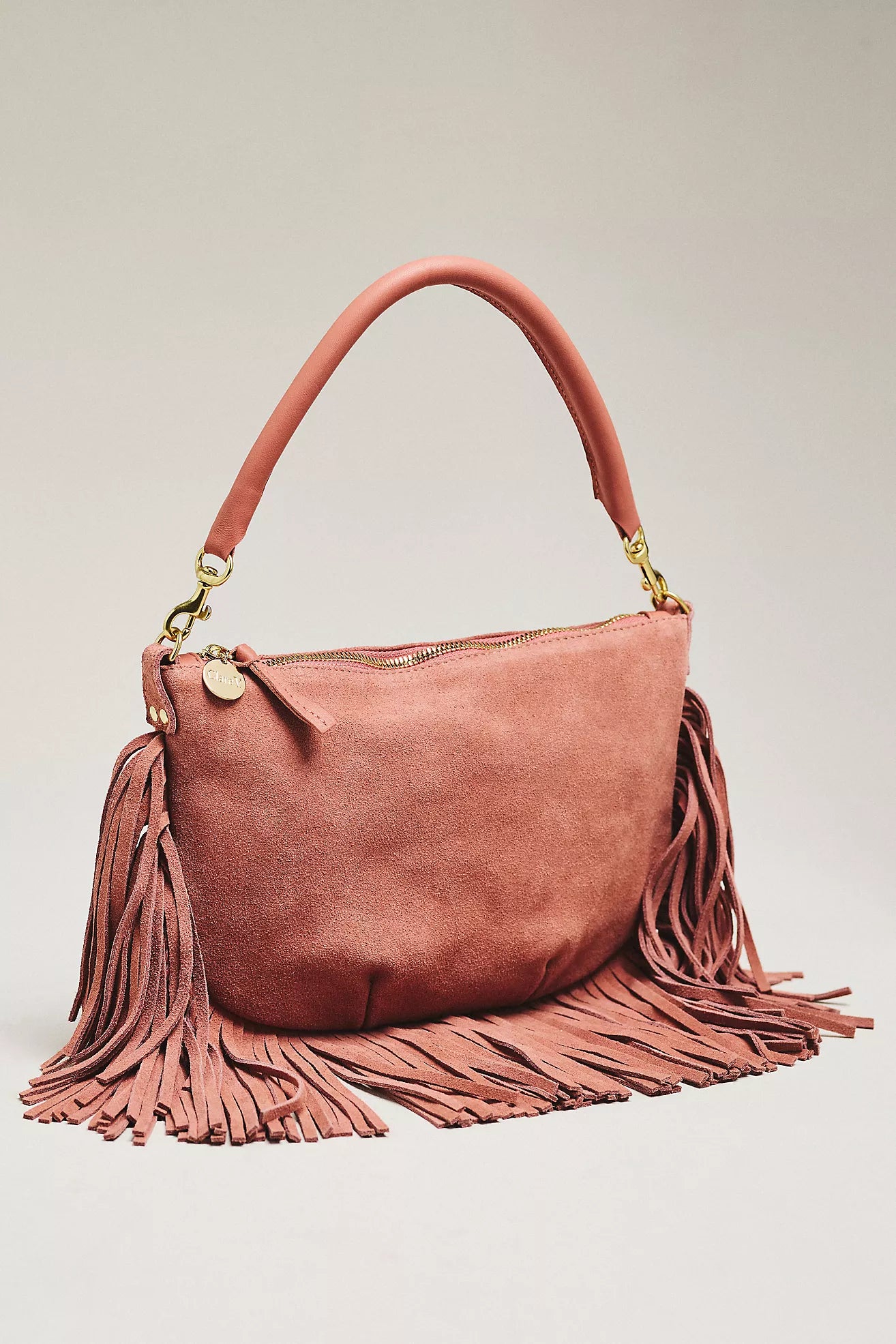 Clare V. Petit Moyen Messenger Suede Fringe Rose Clay CVH1000140