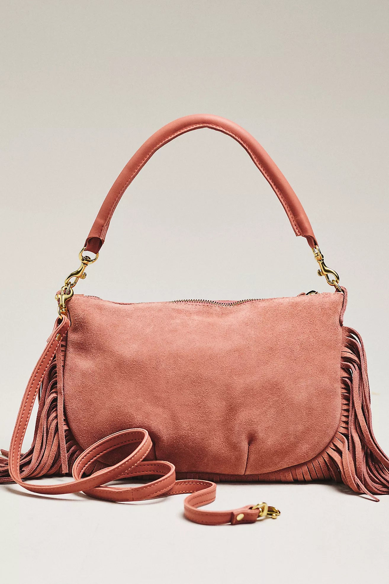 Clare V. Petit Moyen Messenger Suede Fringe Rose Clay CVH1000140