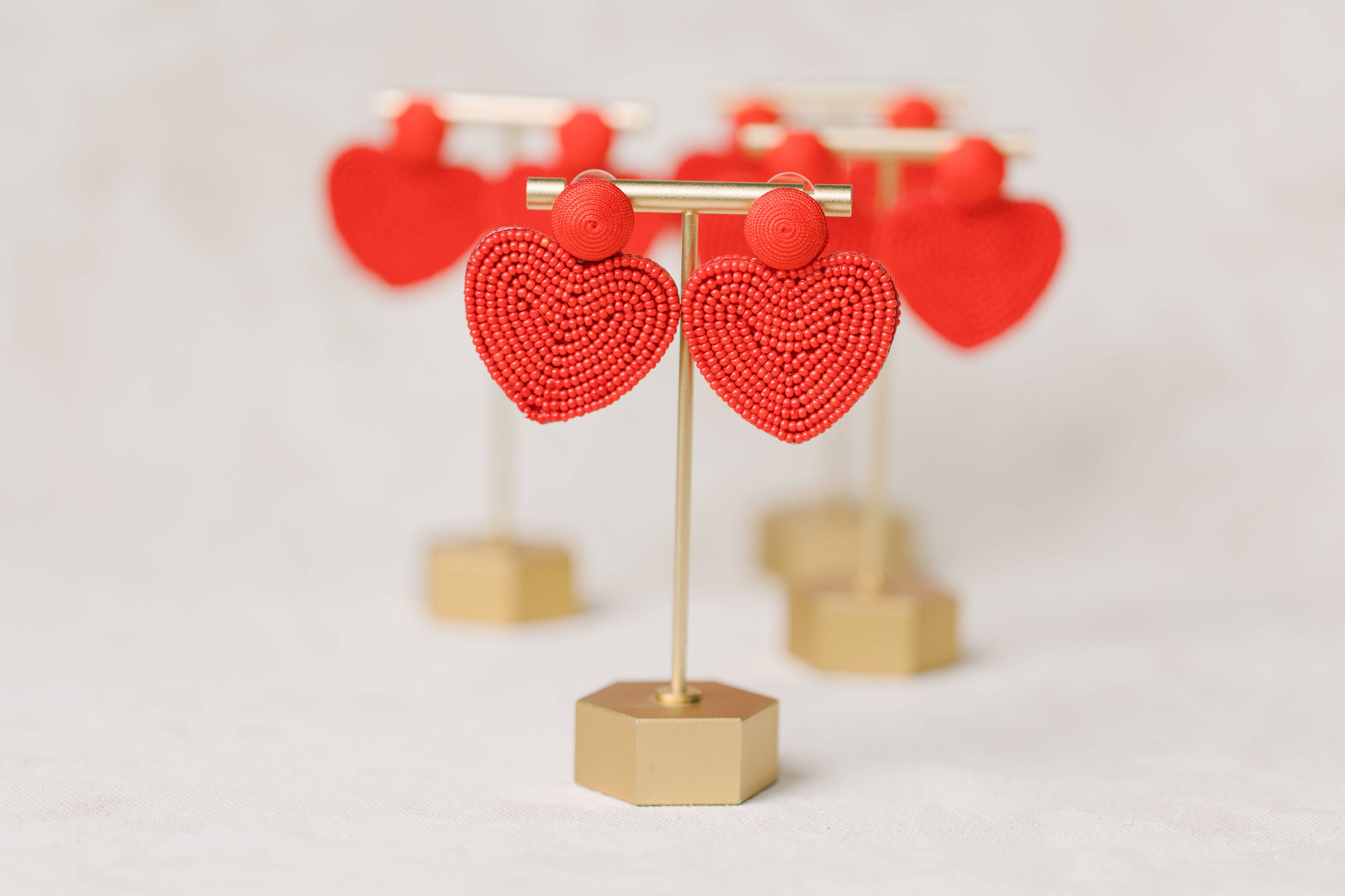 Red Valentines Day Holiday Beaded Heart Statement Earrings