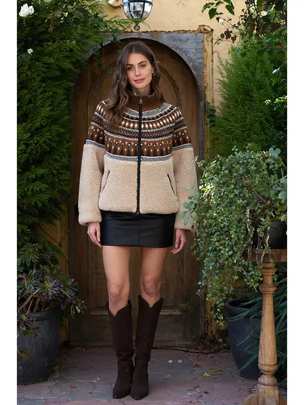 Moon River Fair Isle Sherpa Knit Contrast Jacket MS1092