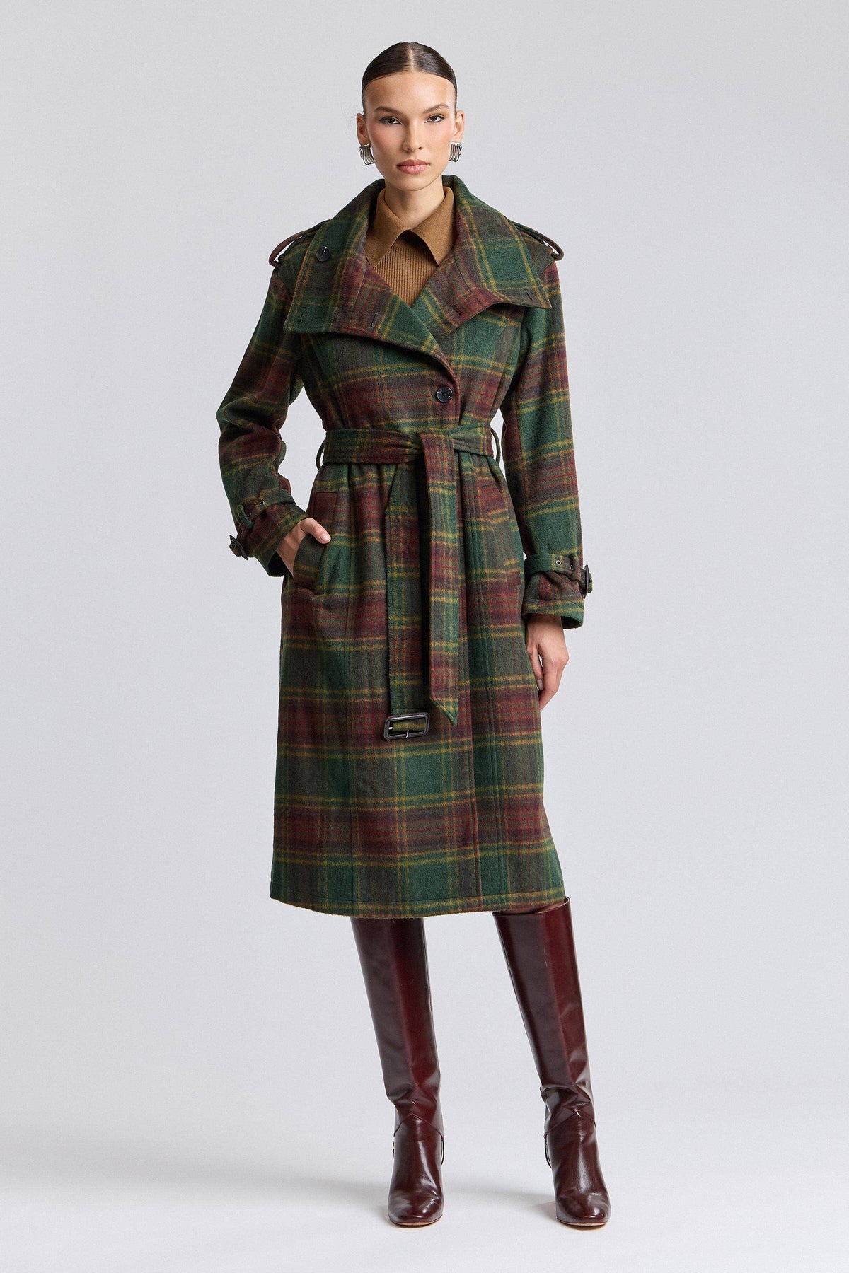 Avec Les Filles Plaid Faux Wool Utility Trench Coat 86476