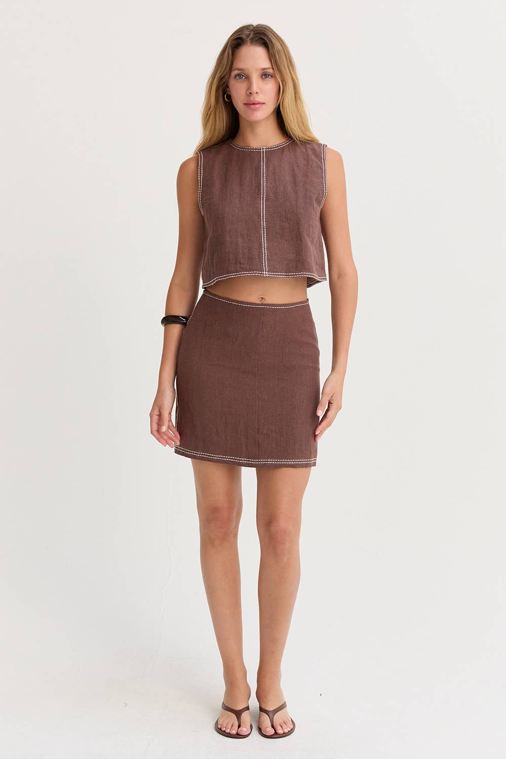 Crescent Kiara Contrast Stitch Linen Crop Top CT8996