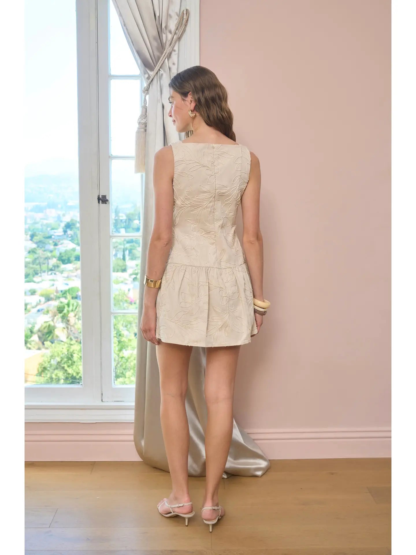 Moon River Boat Neck Embroidered Bodice Mini Dress MR9536