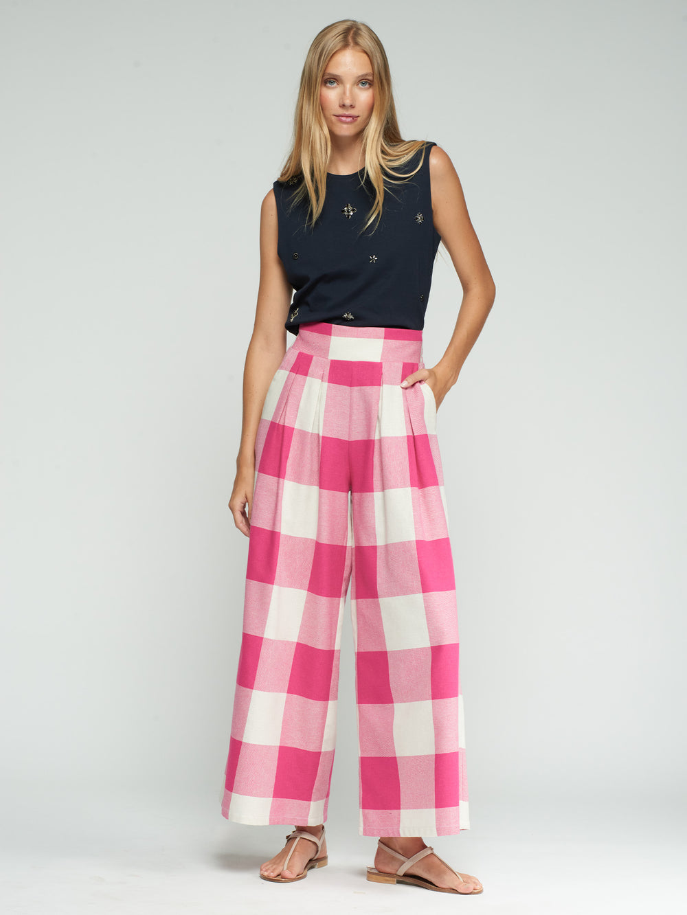 Vilagallo Pink Gingham Pleated Trouser 33210