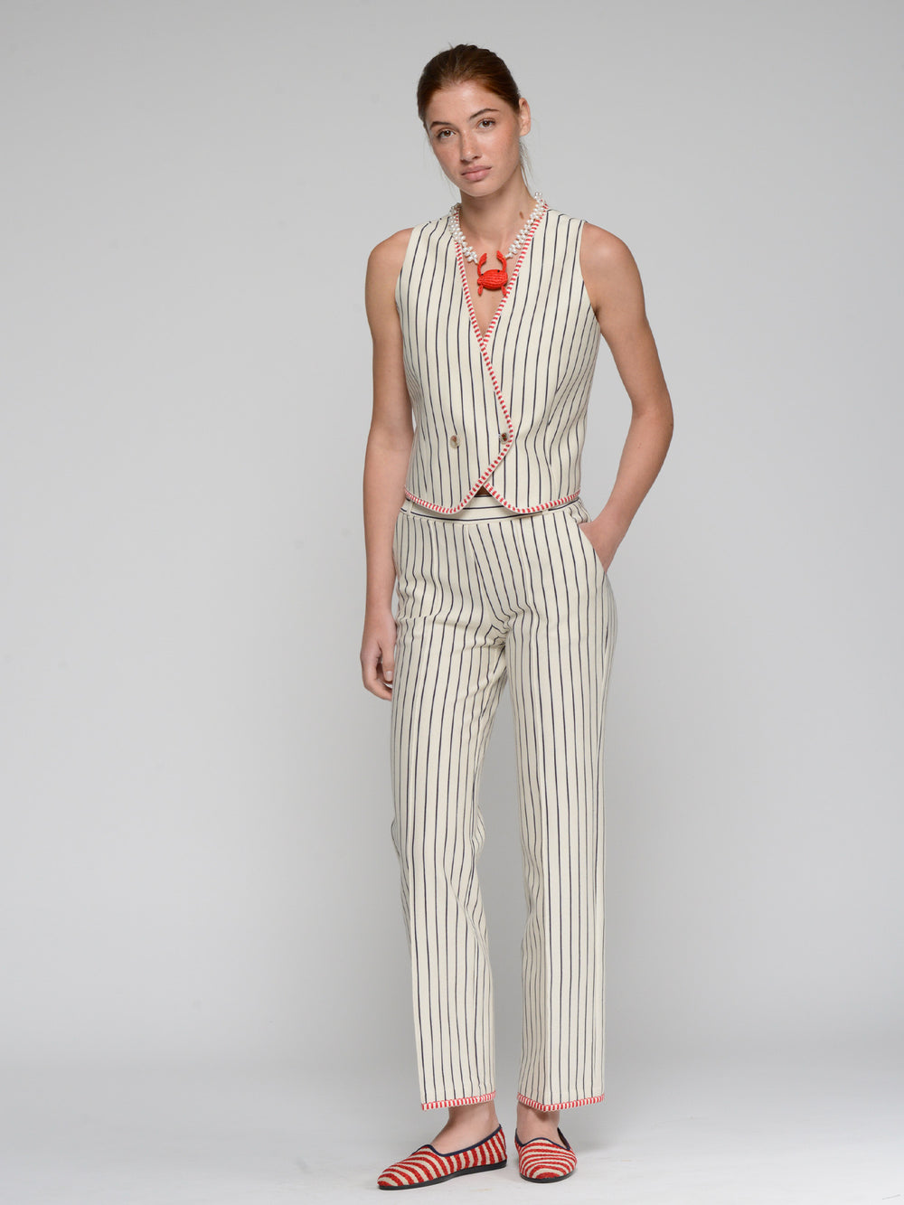 Vilagallo Striped Trousers with Red Trim 33234
