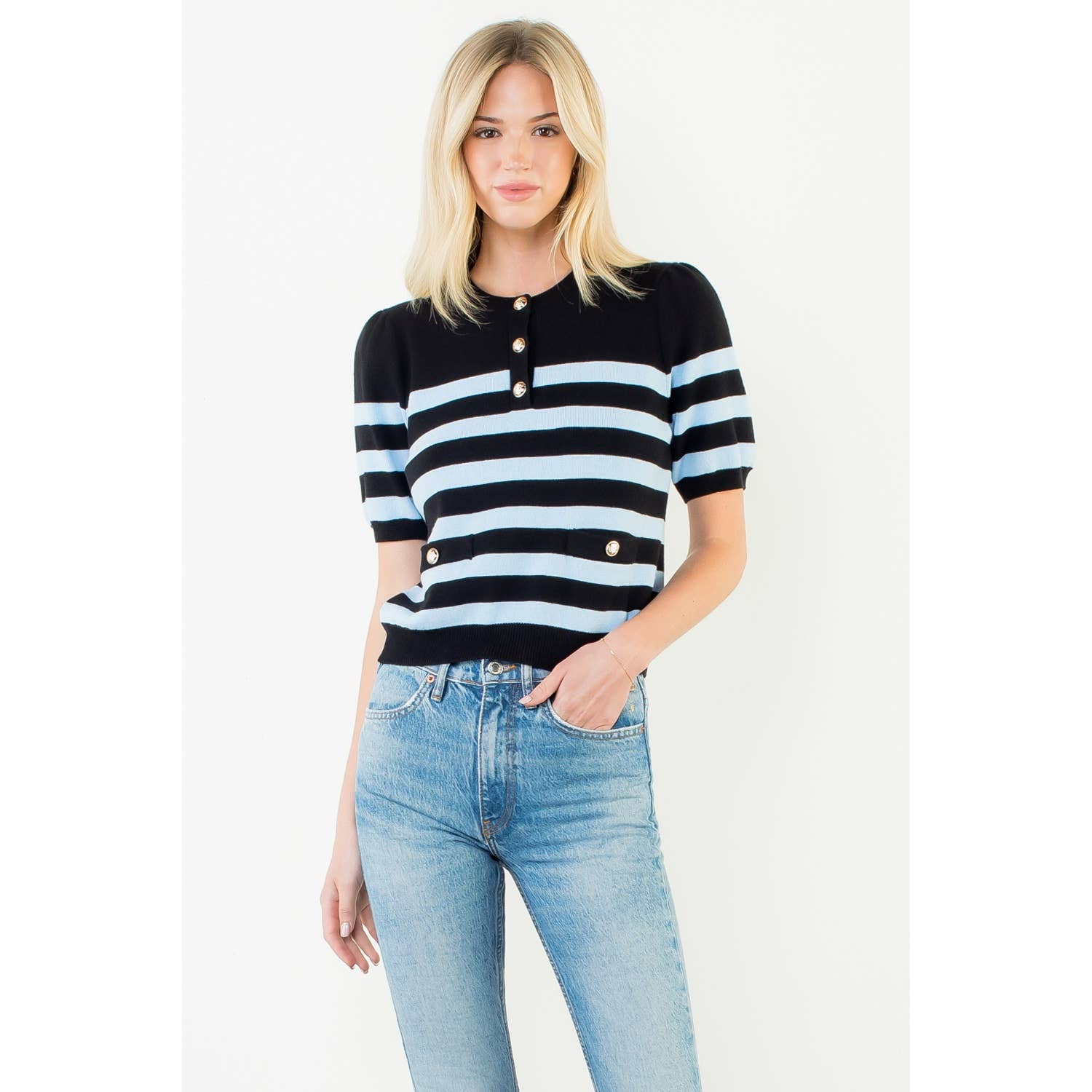 THML Short Sleeve Striped Knit Top