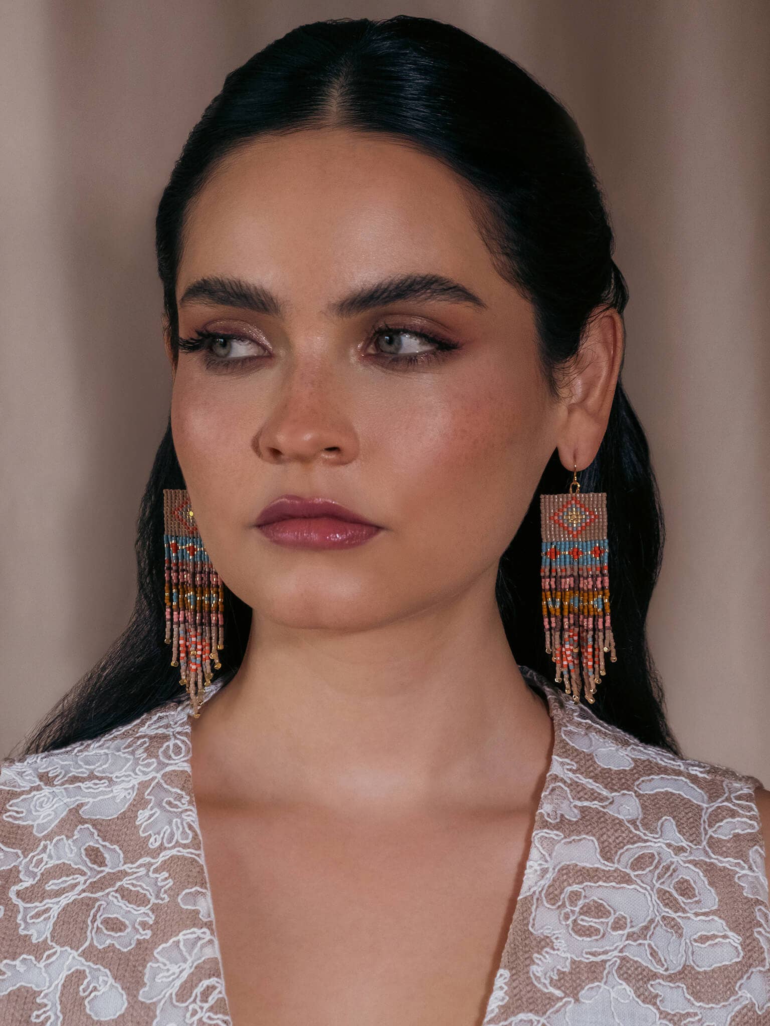 Mayana Beaded Handwoven Shisha Fringe Earrings in beige