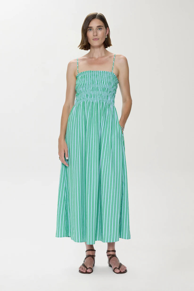 Pistola Bianca Shirred Bodice Dress- Green/Blue Stripe