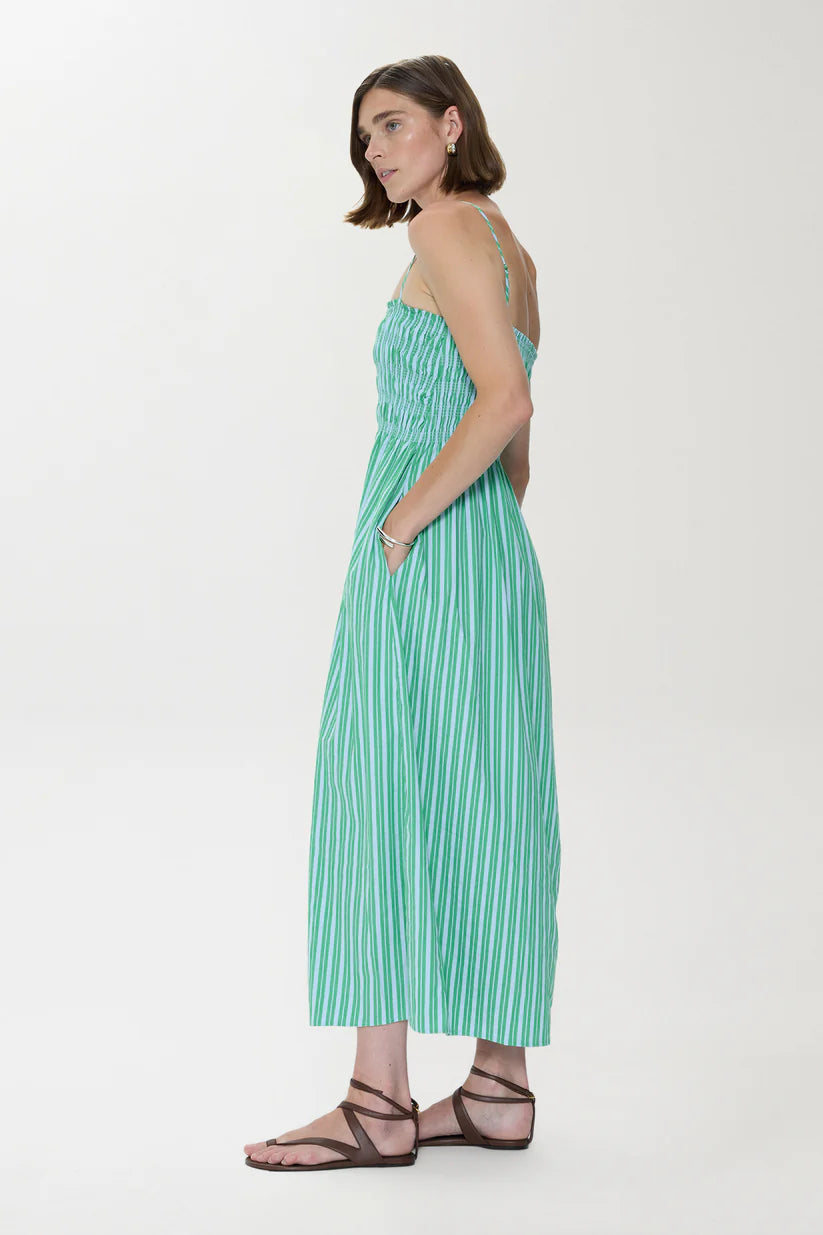 Pistola Bianca Shirred Bodice Dress Green Blue Stripe