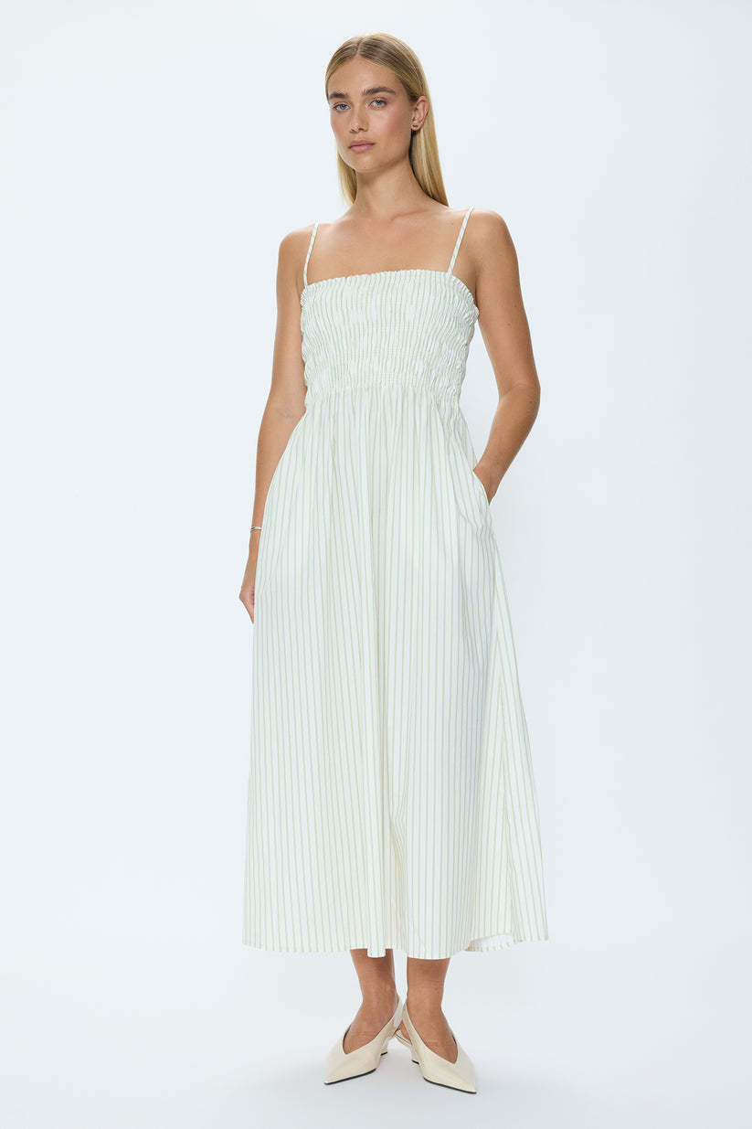 Pistola Bianca Shirred Bodice Dress in Sage Egret Stripe