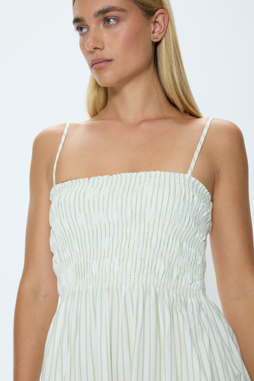 Pistola Bianca Shirred Bodice Dress in Sage Egret Stripe
