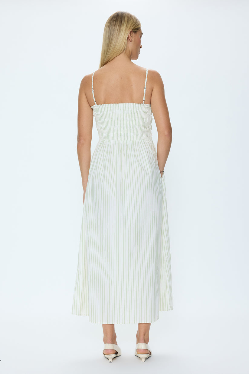 Pistola Bianca Shirred Bodice Dress in Sage Egret Stripe
