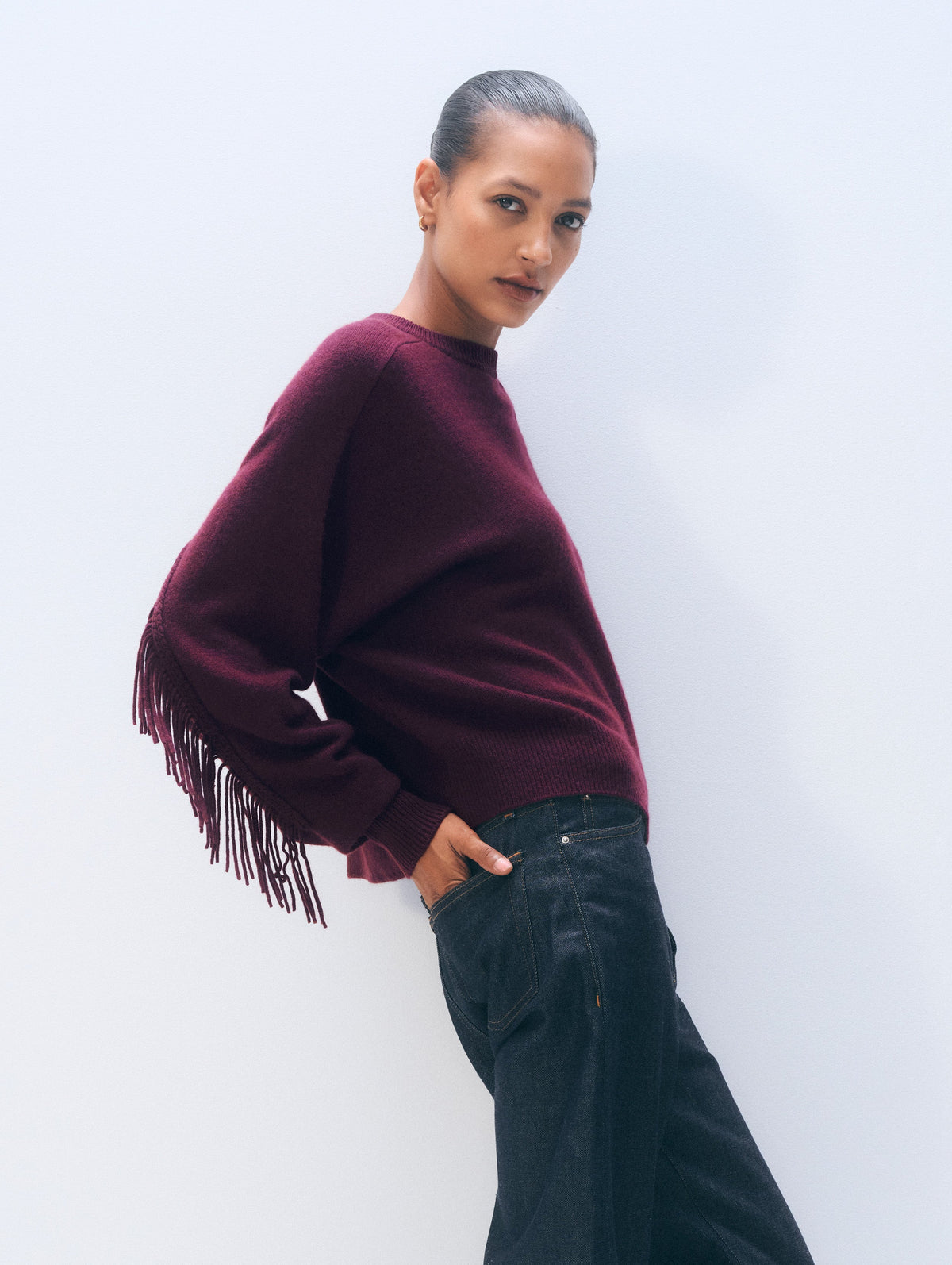 White + Warren Cashmere Blend Luxe Fringe Crewneck 21576 — Oxblood, view 1
