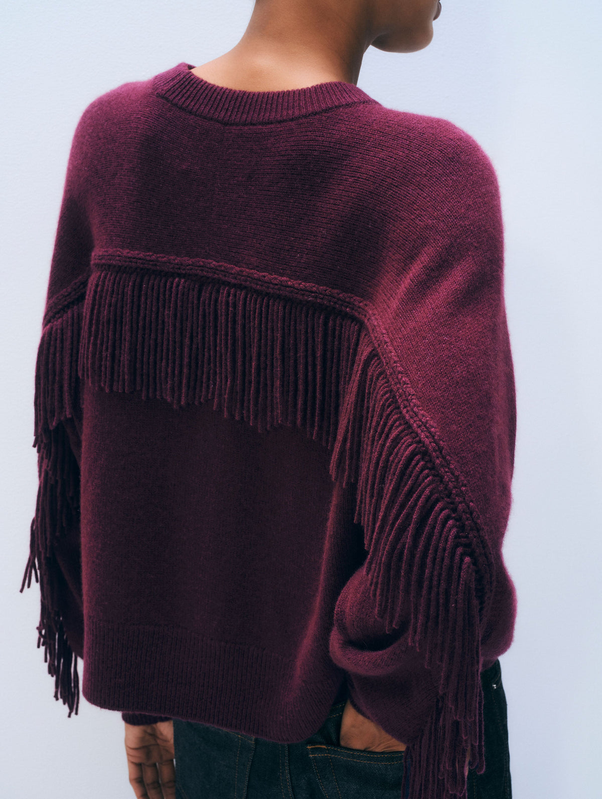White + Warren Cashmere Blend Luxe Fringe Crewneck 21576 — Oxblood, view 2