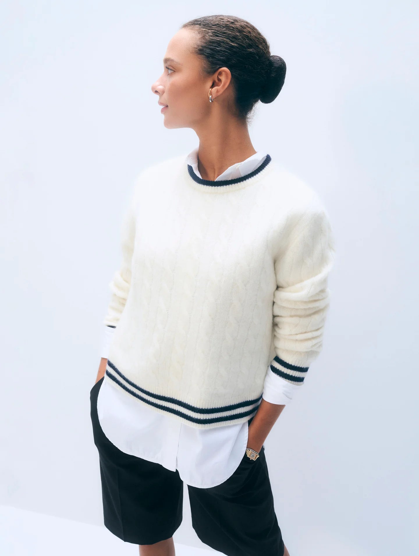 White + Warren Cashmere Varsity Cable Crewneck 21764