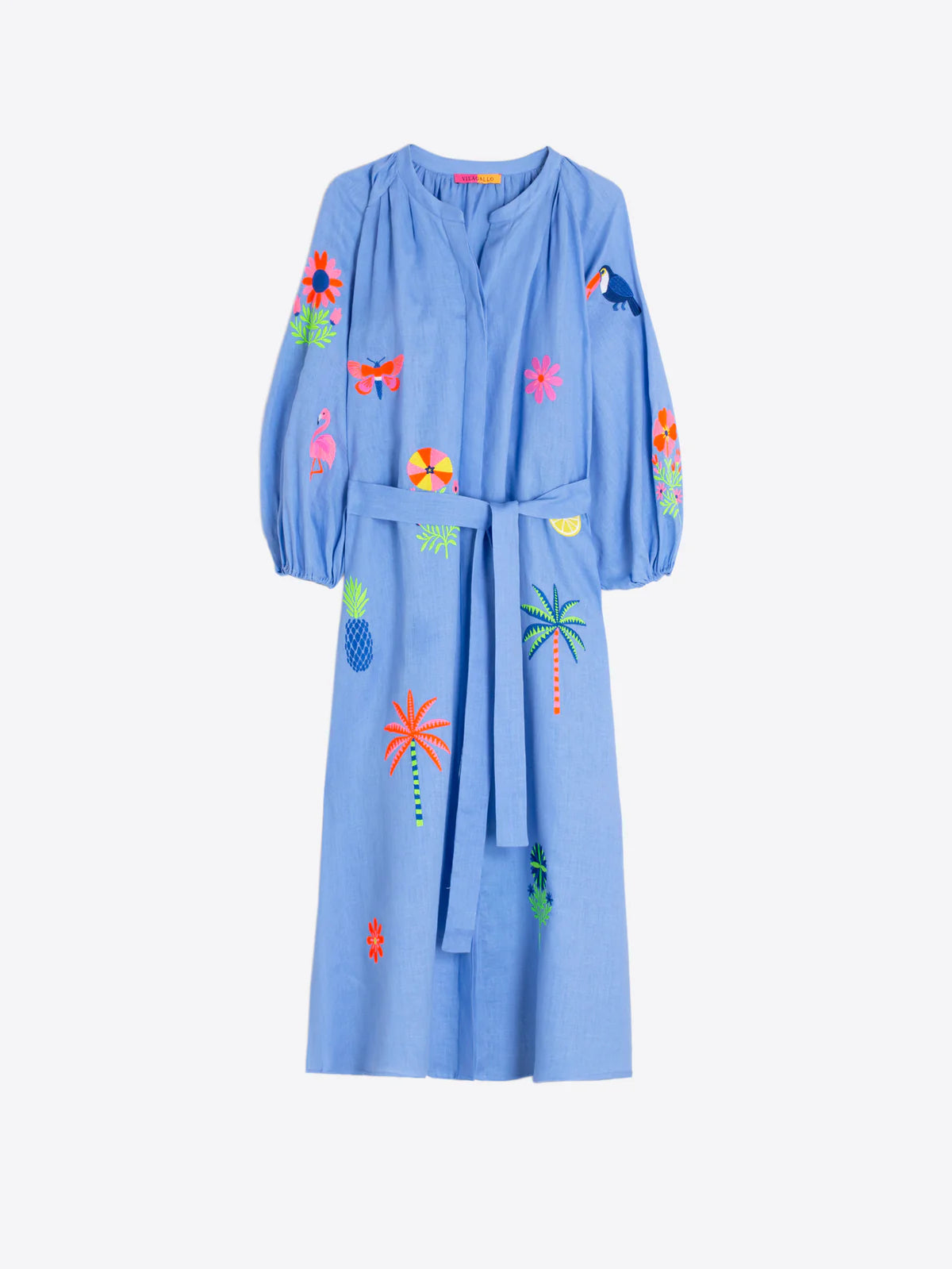Vilagallo Blue Dress with Tropical Embroidery 33242