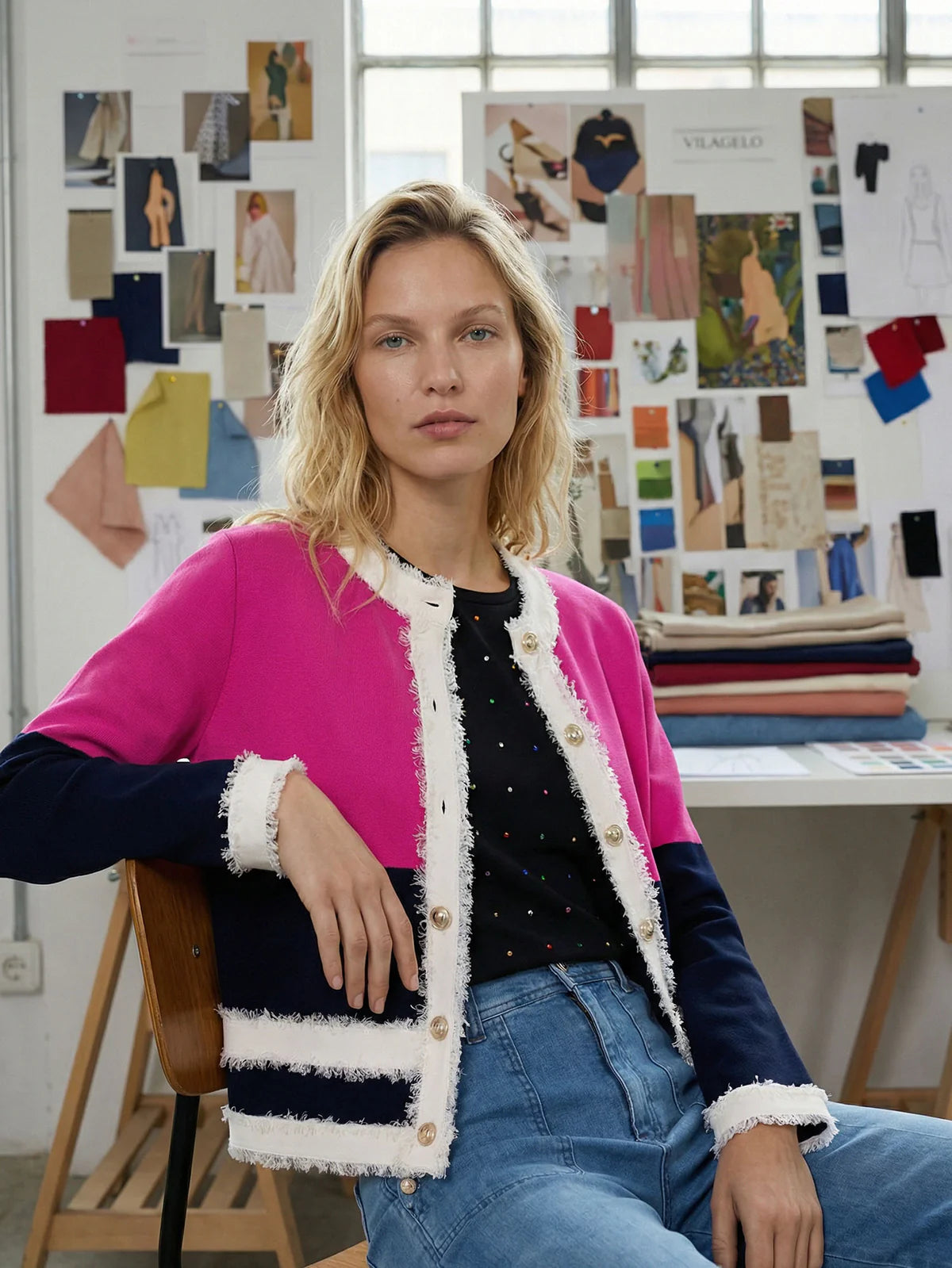 Vilagallo Fuschia and Navy Cardigan with Frayed Hem 33472