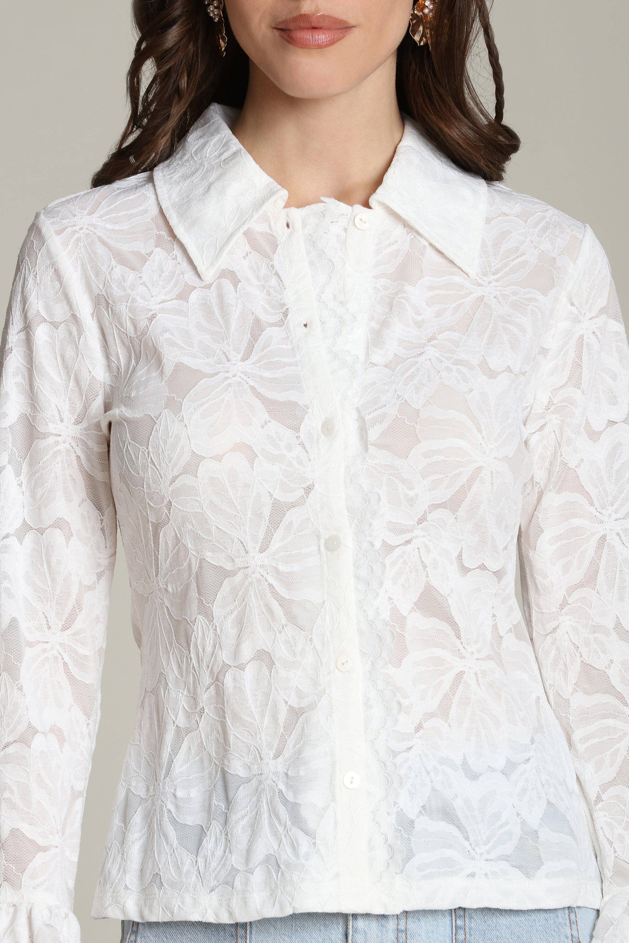 Avec Les Filles Sheer Lace Tie Cuff Shirt