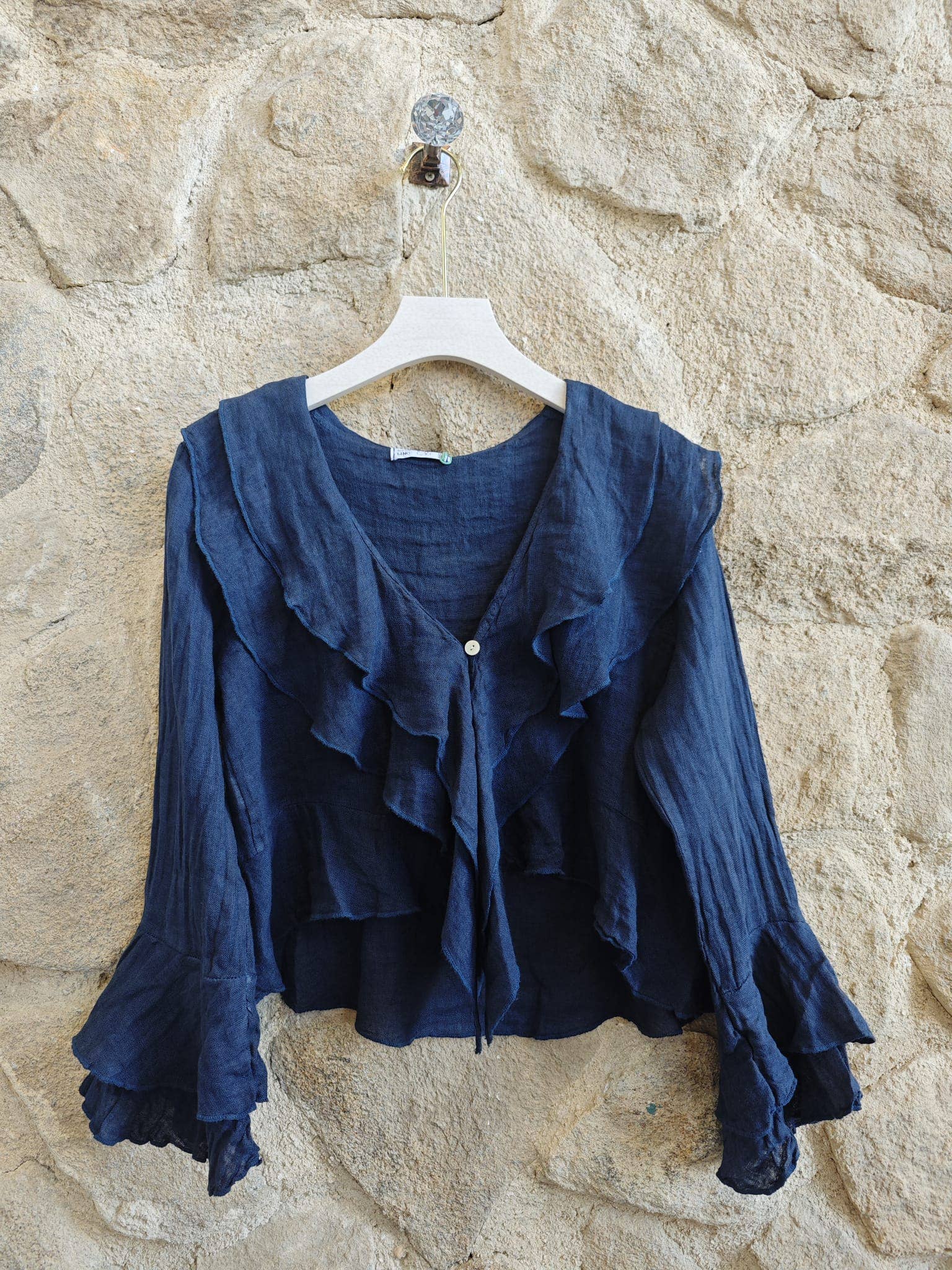 European Linen Long Sleeve Ruffle Blouse 83798