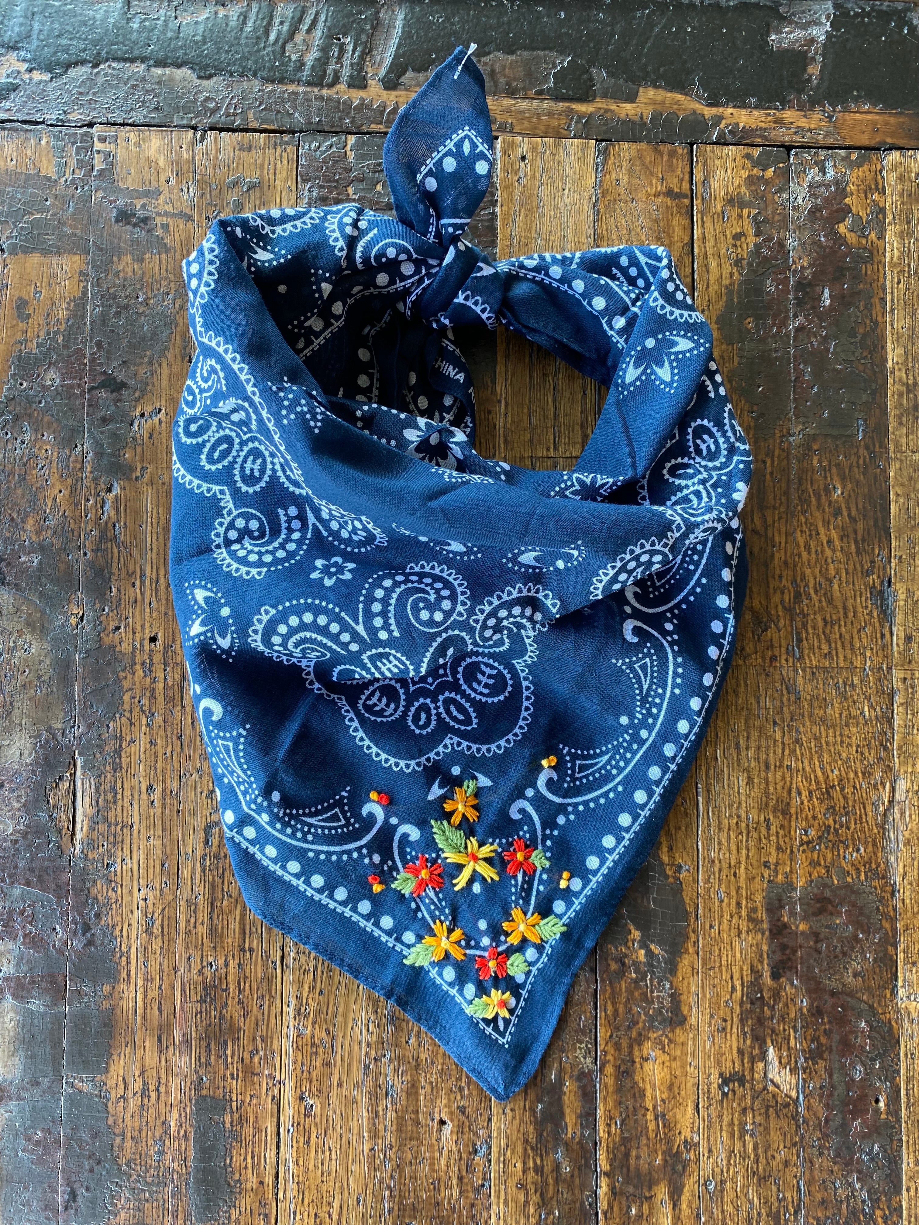 Little Lamb Embroidered Navy Bandana With Bright Flowers