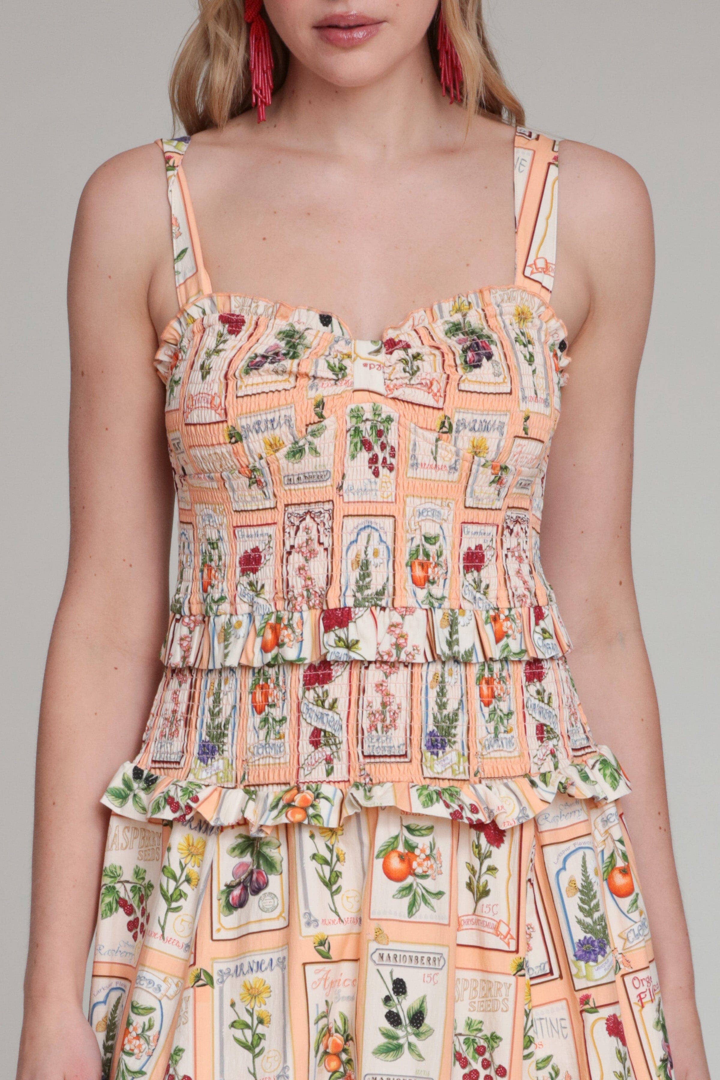 Avec Les Filles Cotton Fruit Floral Smocked Midi Dress