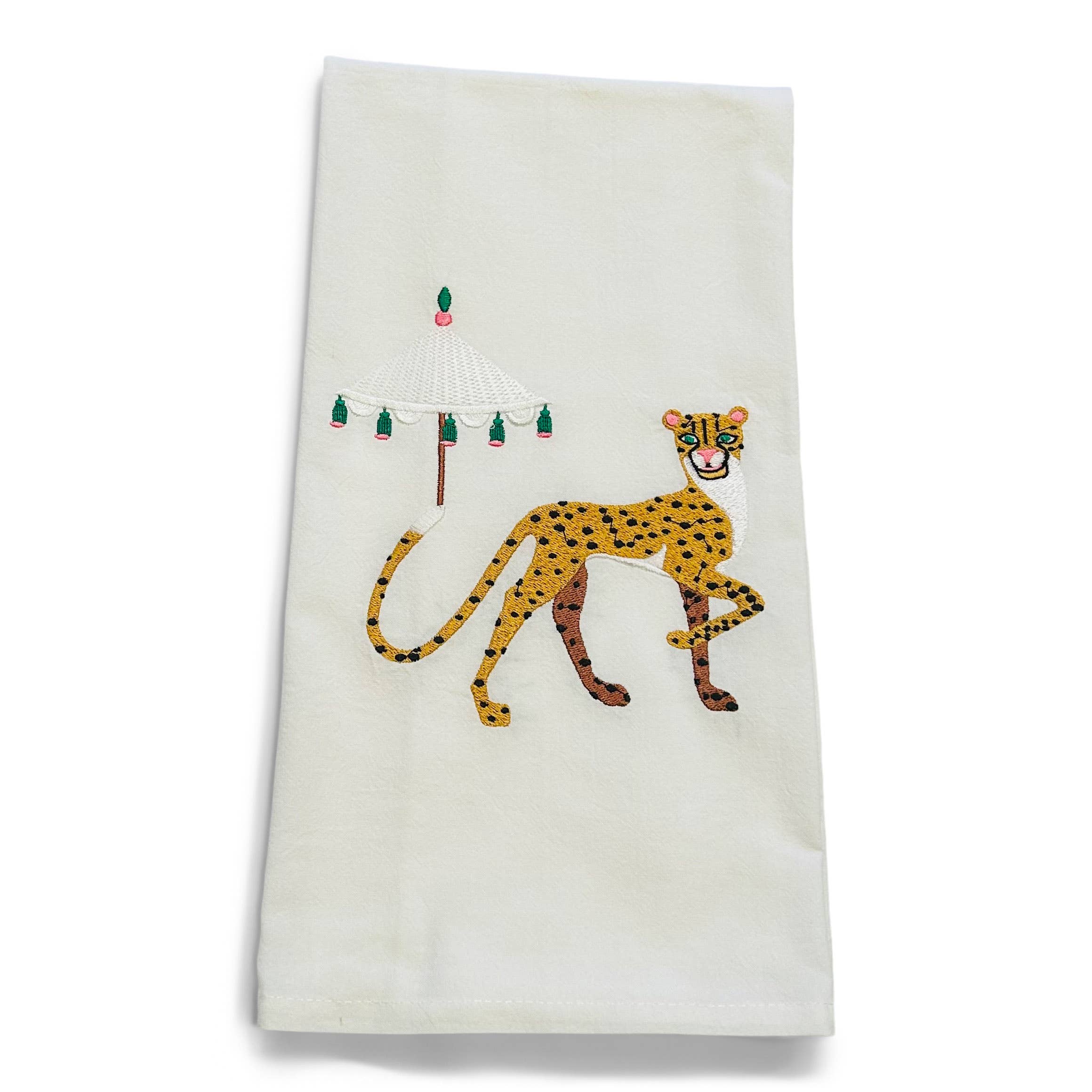 Vibrantly Blue Tea Towel - Cheetah with Parasol