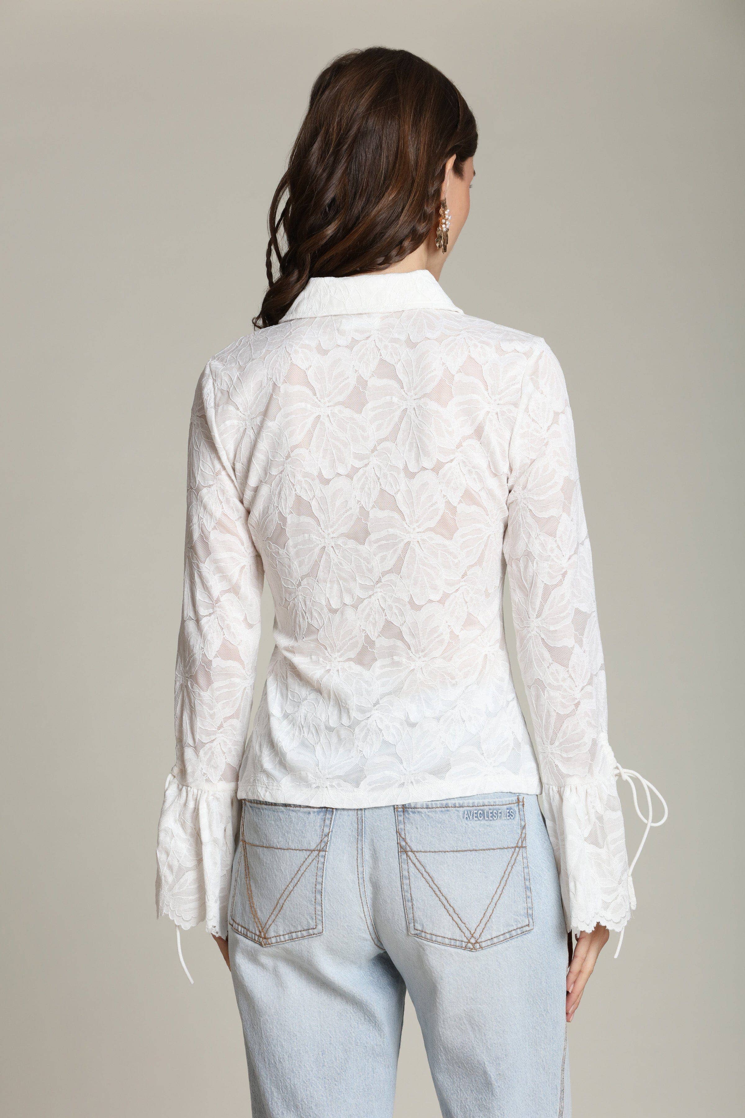 Avec Les Filles Sheer Lace Tie Cuff Shirt