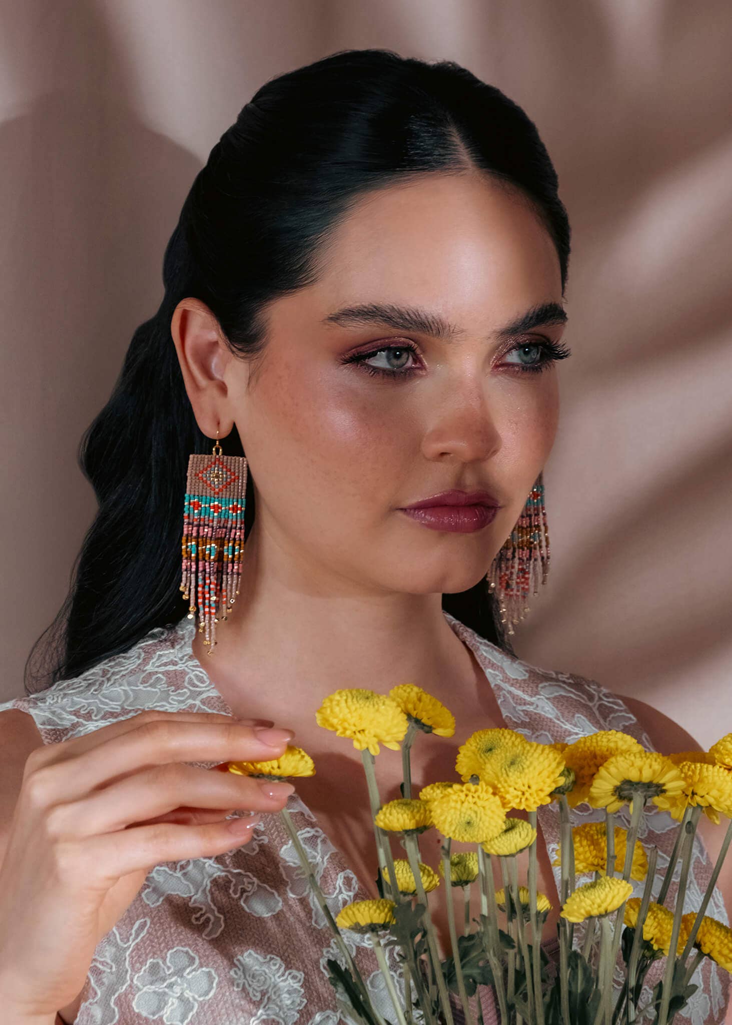 Mayana Beaded Handwoven Shisha Fringe Earrings in beige