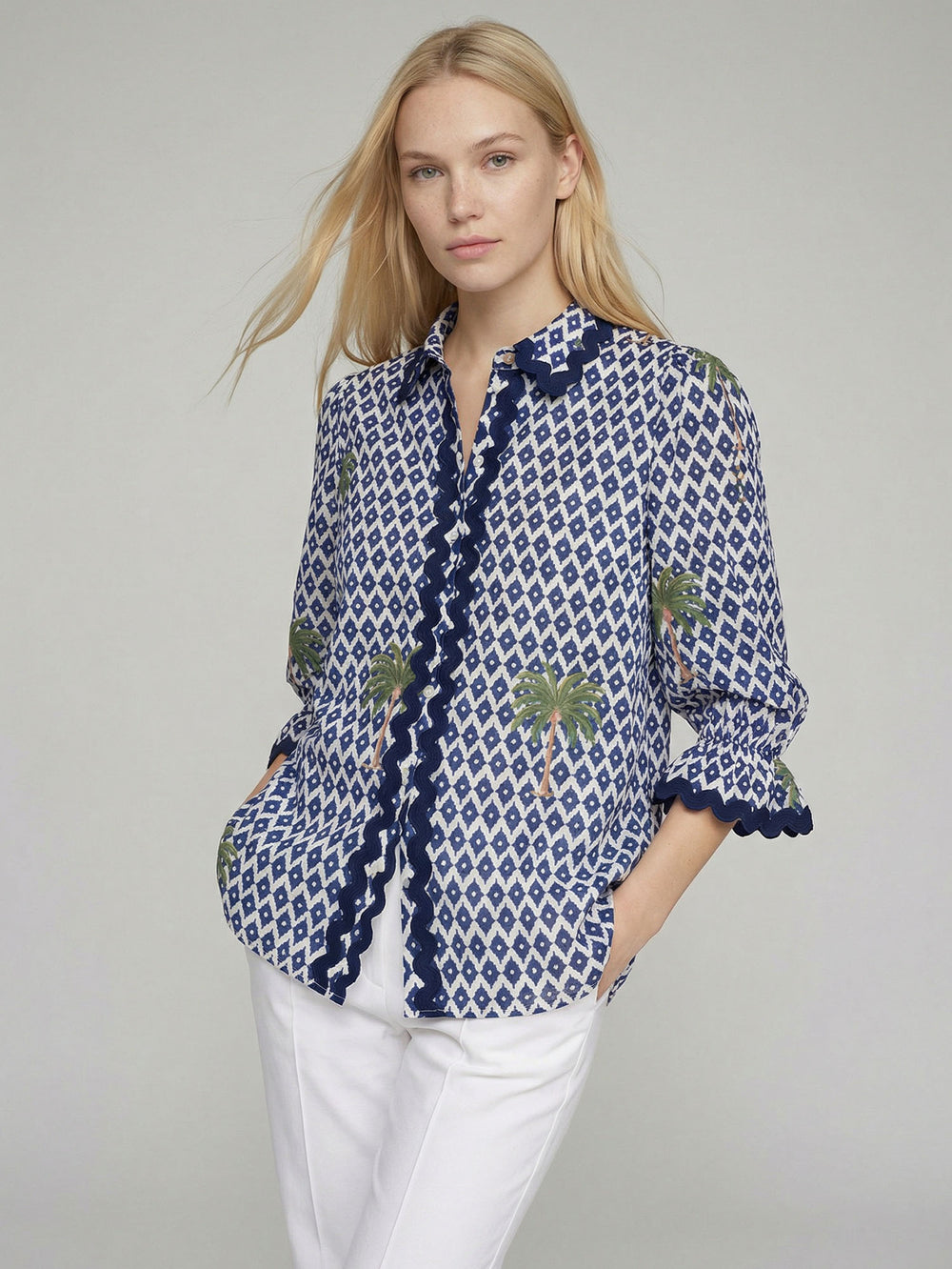 Vilagallo Ikat Shirt and Palm Tree Print Blouse
