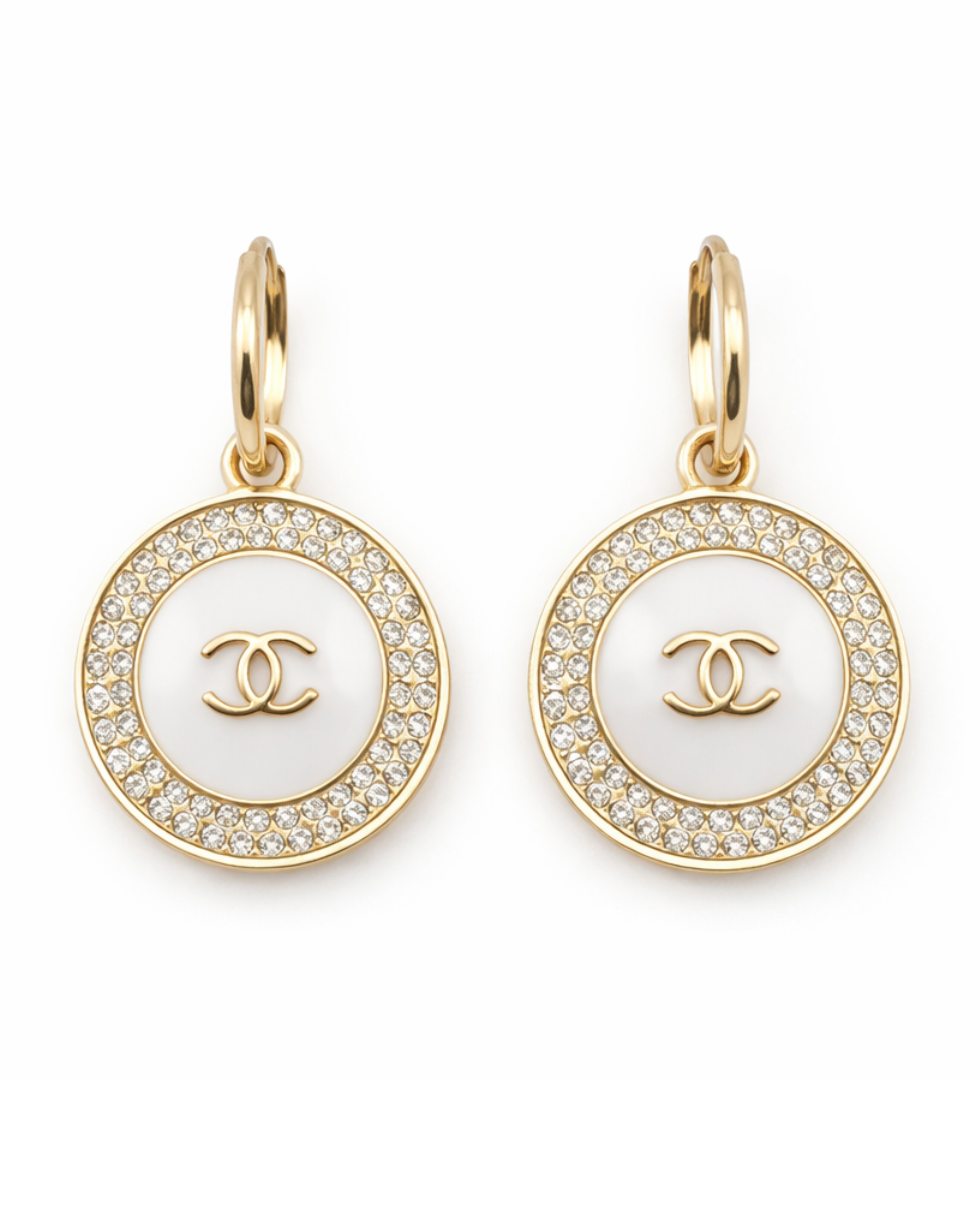 Luxury Upcycled Double "C" White with Crystal 14K Gold Filled Hoop Earrings 1310