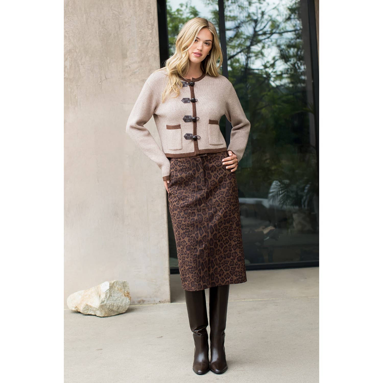 THML Leopard Print Suede Midi Skirt THS1805