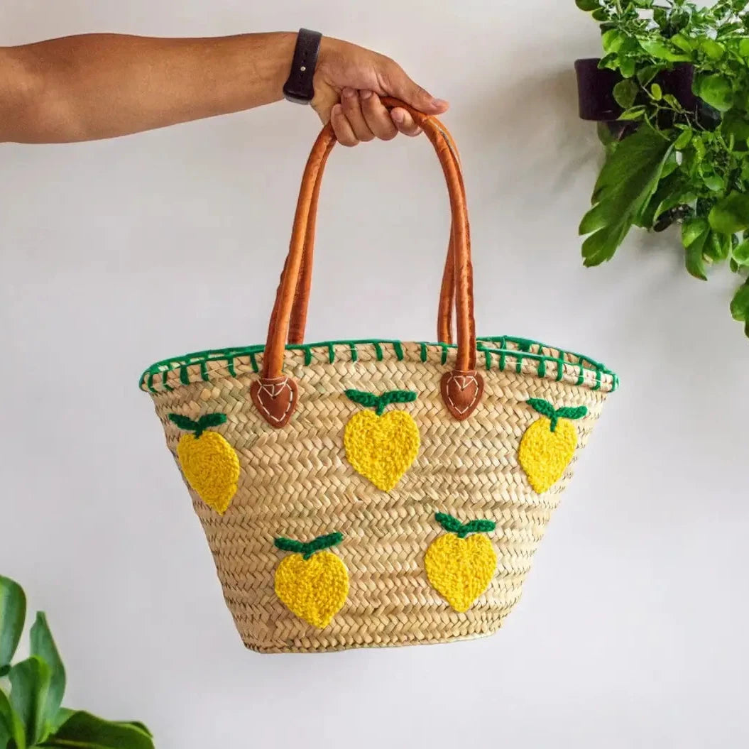 French Market Bags Basket With Lemon Embroidery and Leather Handles