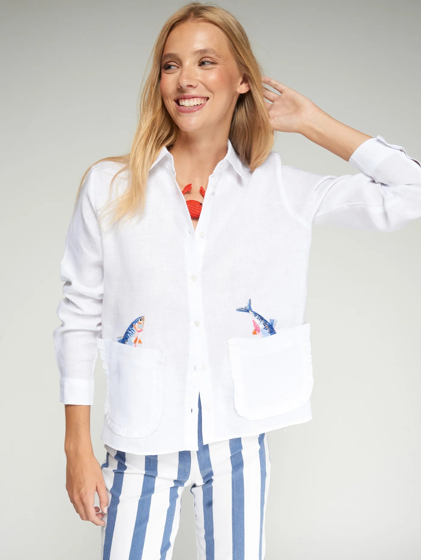 Vilagallo White Shirt Embroidered Fish 33617