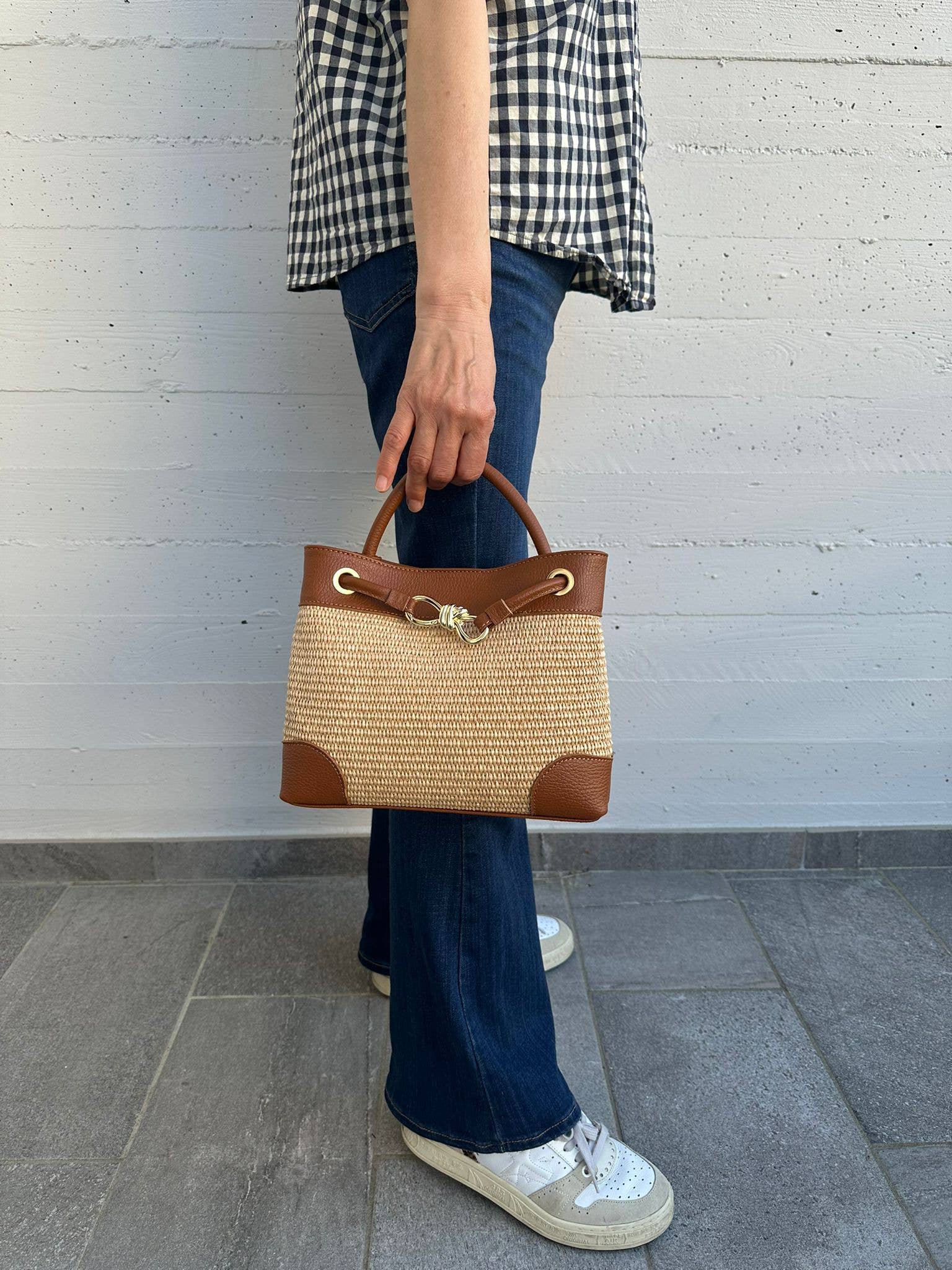 Italian handbag Collection Felipa Convertible Raffia Handbag with Gold
