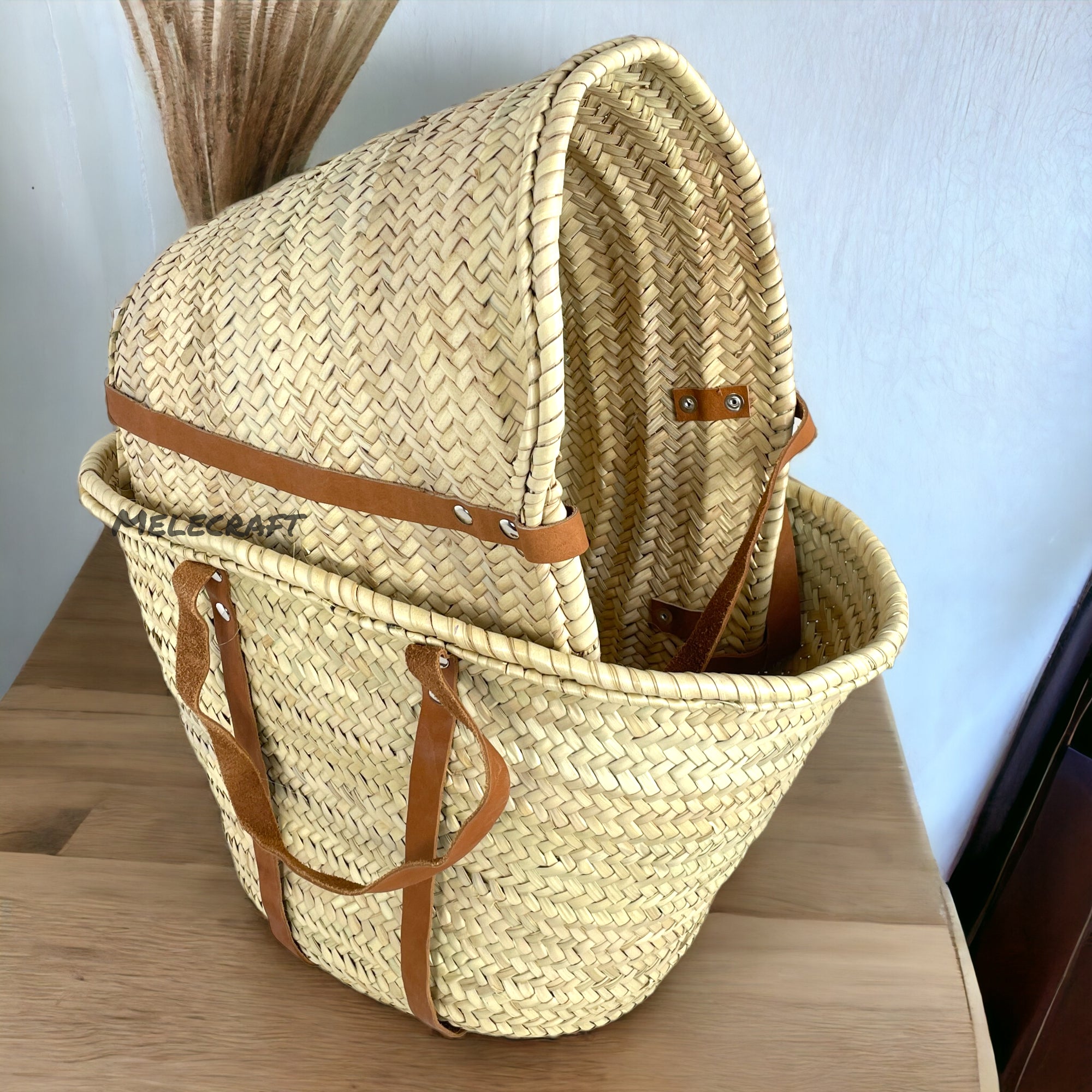 French Market Leather Handled, Straw Tote Bag with Silver Grommets #3