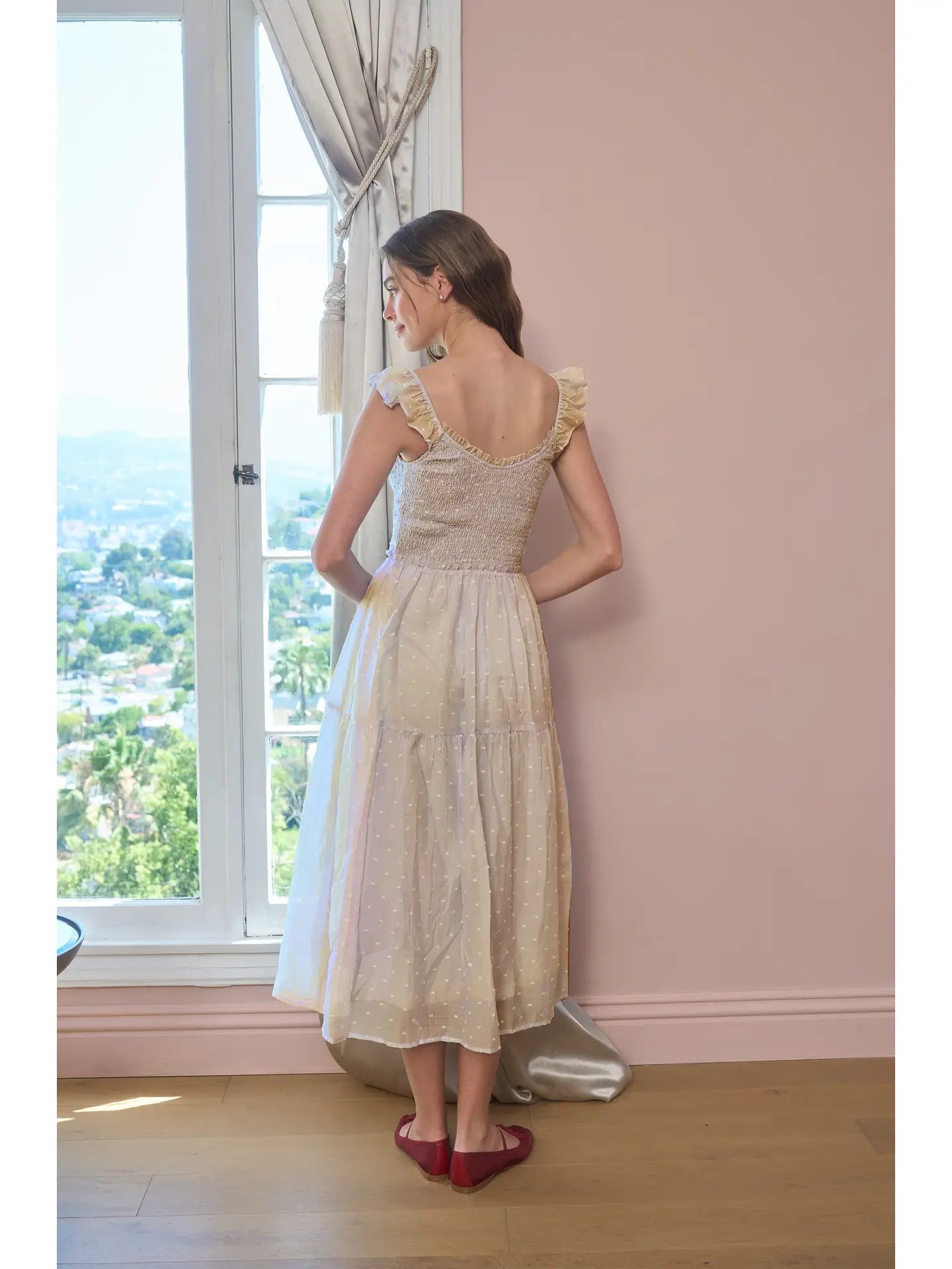 Moon River Clip Dot Ruffle Detail Smocked Midi Dress MJ9642