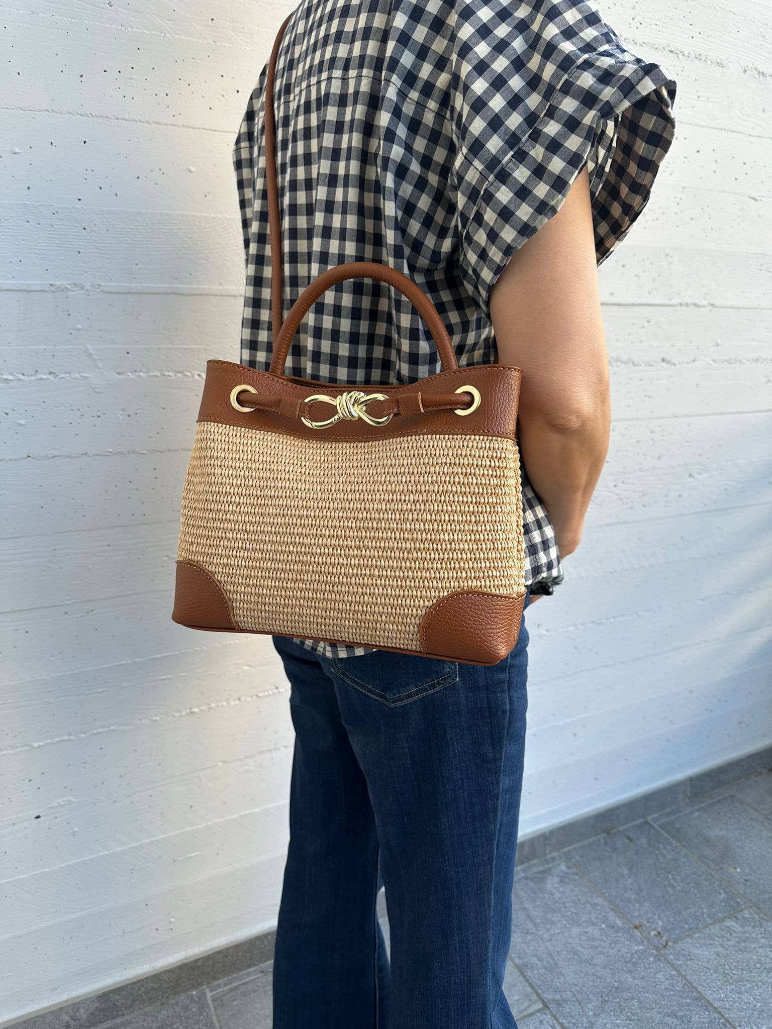 Italian handbag Collection Felipa Convertible Raffia Handbag with Gold