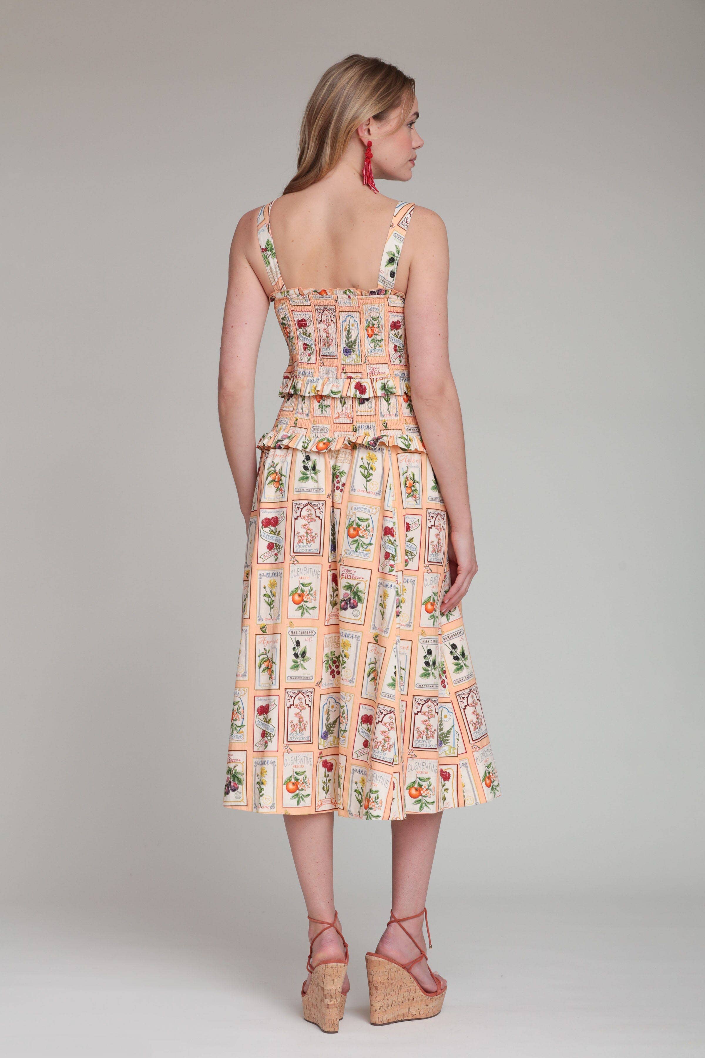 Avec Les Filles Cotton Fruit Floral Smocked Midi Dress