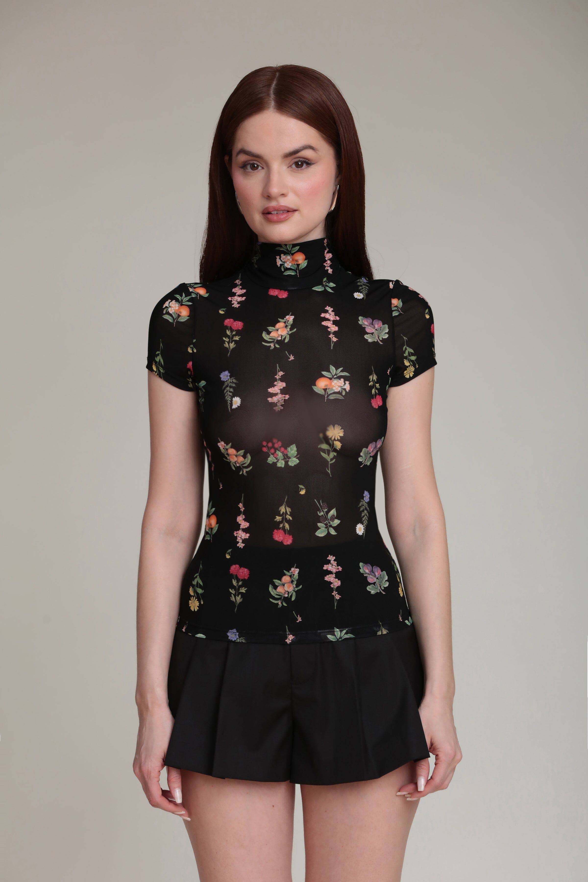 Avec Les Filles Floral Mesh Mock Neck Top