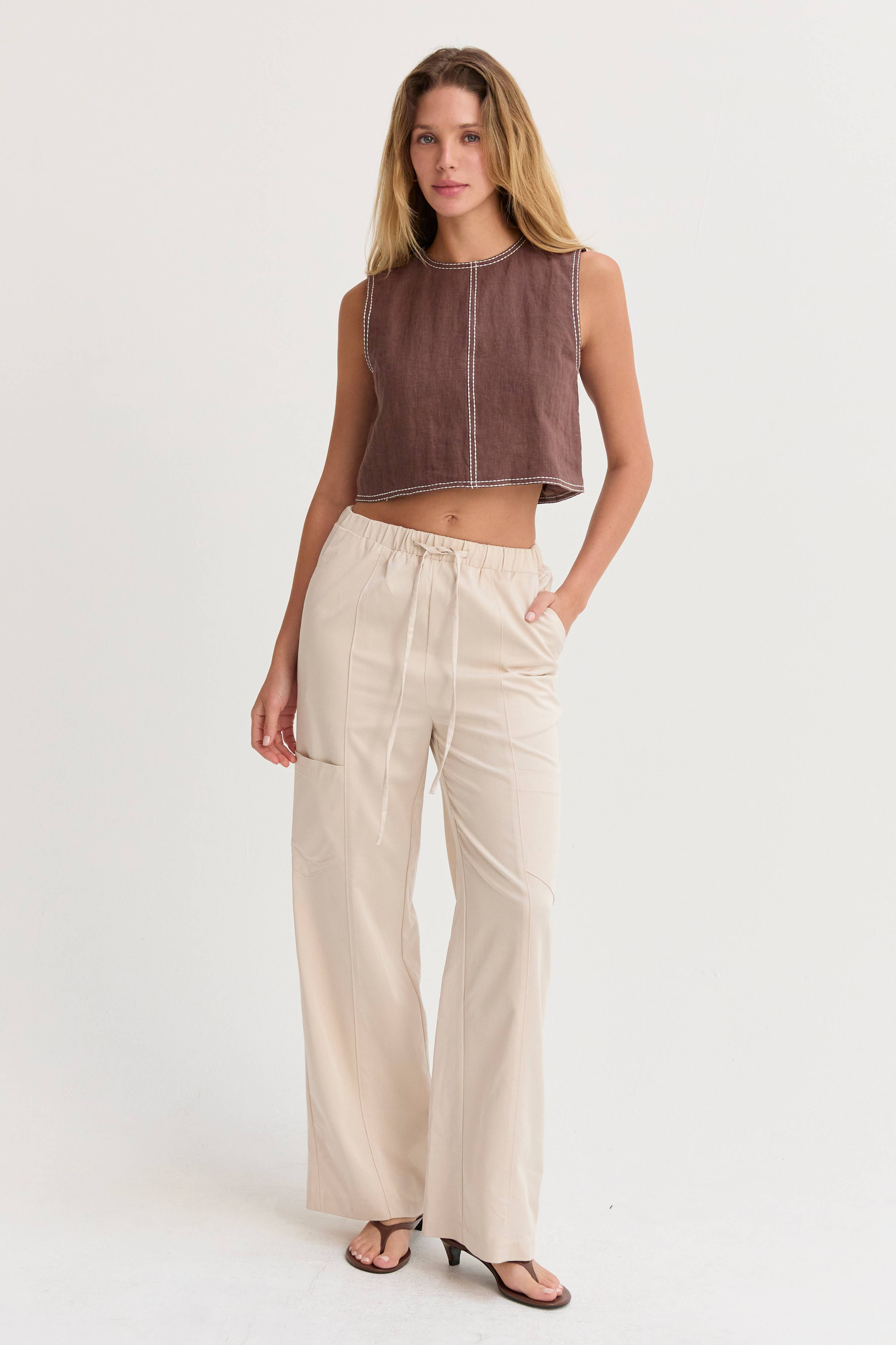 Crescent Kiara Contrast Stitch Linen Crop Top CT8996